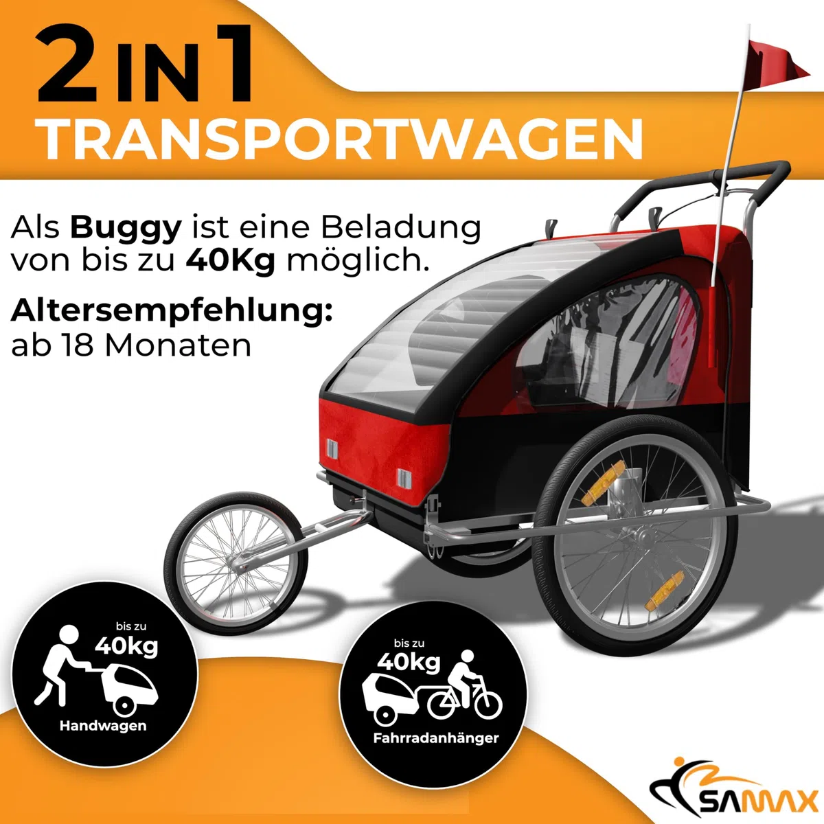 SAMAX Jogger 2in1 Kinderfahrradanhänger mit vollgefederter Hinterachse für 2 Kinder rot/schwarz - Silver Frame