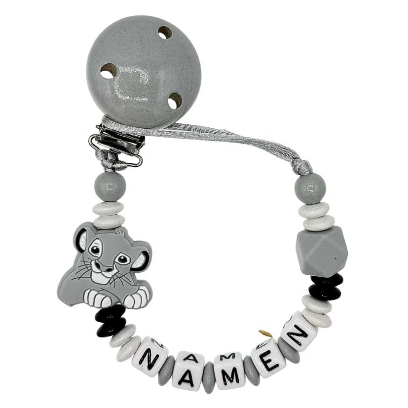 Generisch Set Nuckelkette + Kinderwagenkette mit Namen LÖWE Hellgrau Weiß Schwarz/Baby/Unisex/Personalisiert/HANDMADE