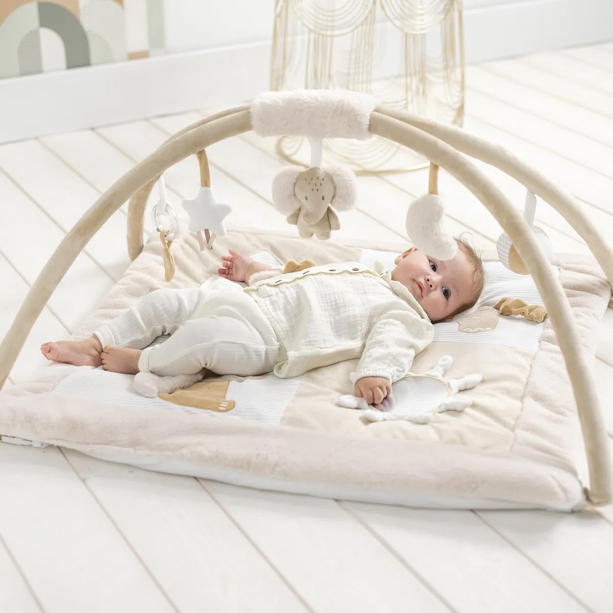Nattou Krabbeldecke mit Spielbogen und verschiedenen Aktivitäten, Aus Polyester, Ca. 80 cm, Rechteckig, Flo, Oli & Ernest, Flo Beige