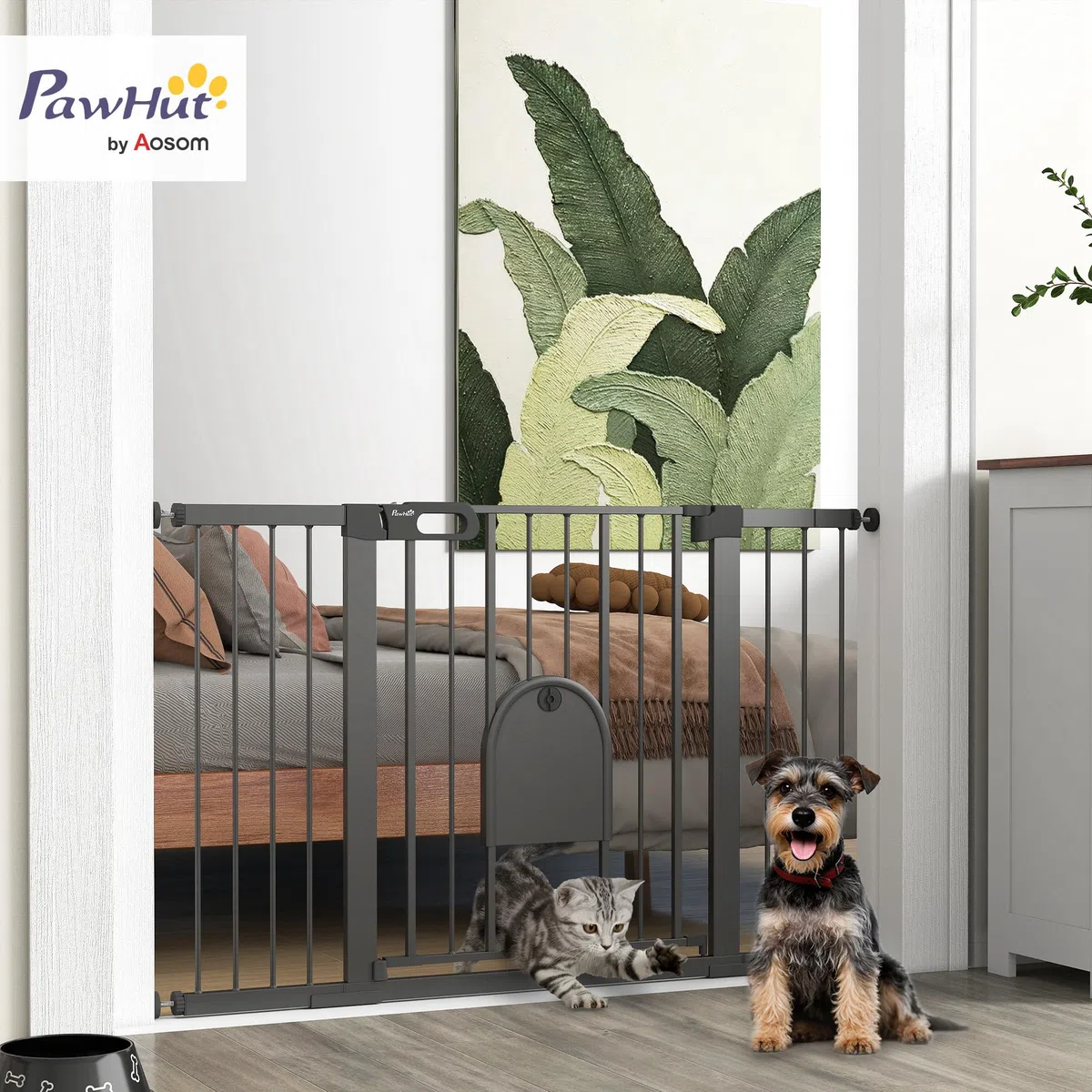 PawHut Türschutzgitter Klemmbefestigung für Haustier 75-131 x 76 cm Schwarz | Hunde Absperrgitter, Schutzgitter für Haustier, Klemmbefestigung, Stahl