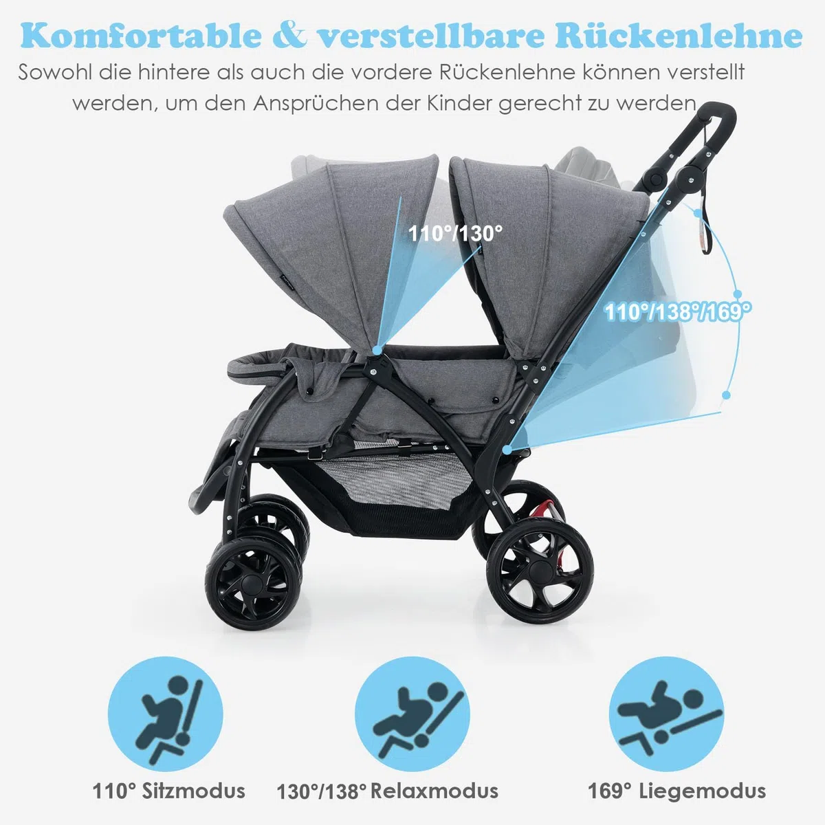 FANTASK Geschwisterwagen klappbar Zwillingswagen verstellbare Rückenlehne Verdeck Baby ab 6 Monate 30 kg Belastbar Grau