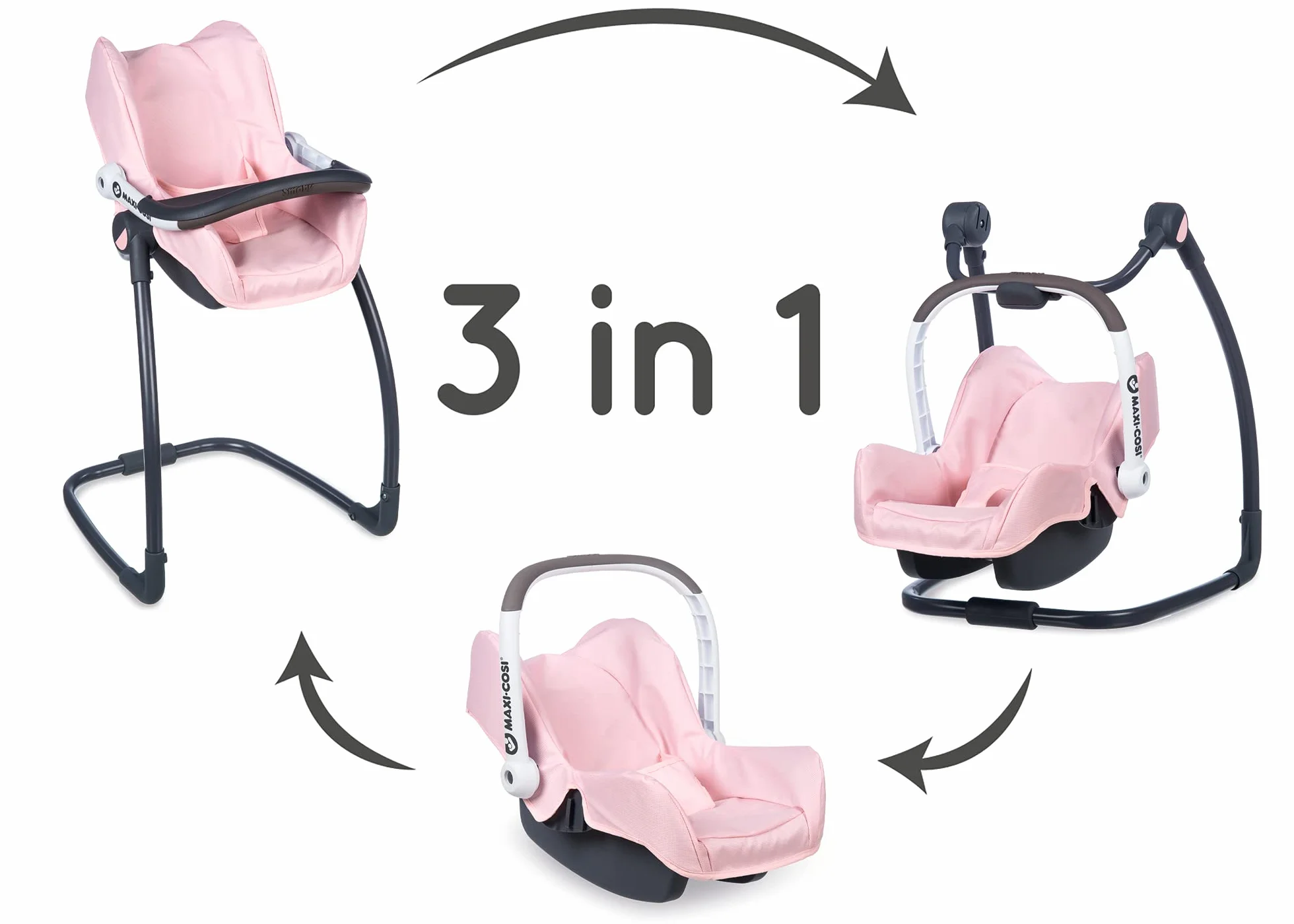 Smoby - Maxi-Cosi 3-in-1 Puppenhochstuhl - für Puppen bis 42 cm, Sitzschale, Hochstuhl, Autositz & Schaukel-Sitz, Puppenzubehör für Kinder ab 3 Jahren, rosa