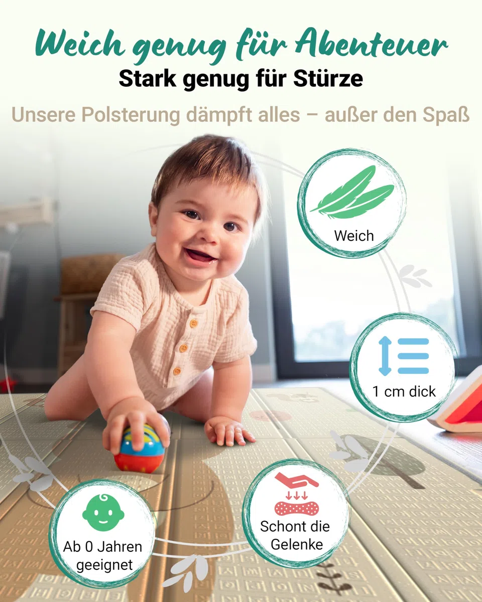 RAWVEL Krabbelmatte baby faltbar [127x127cm / 1cm Dick] Spielmatte Baby faltbar [100% BPA-Frei] Spielmatte Kinder Playmat krabbeldecke Doppelseitig | 2-in-1 Montessori Design | + Tragetasche