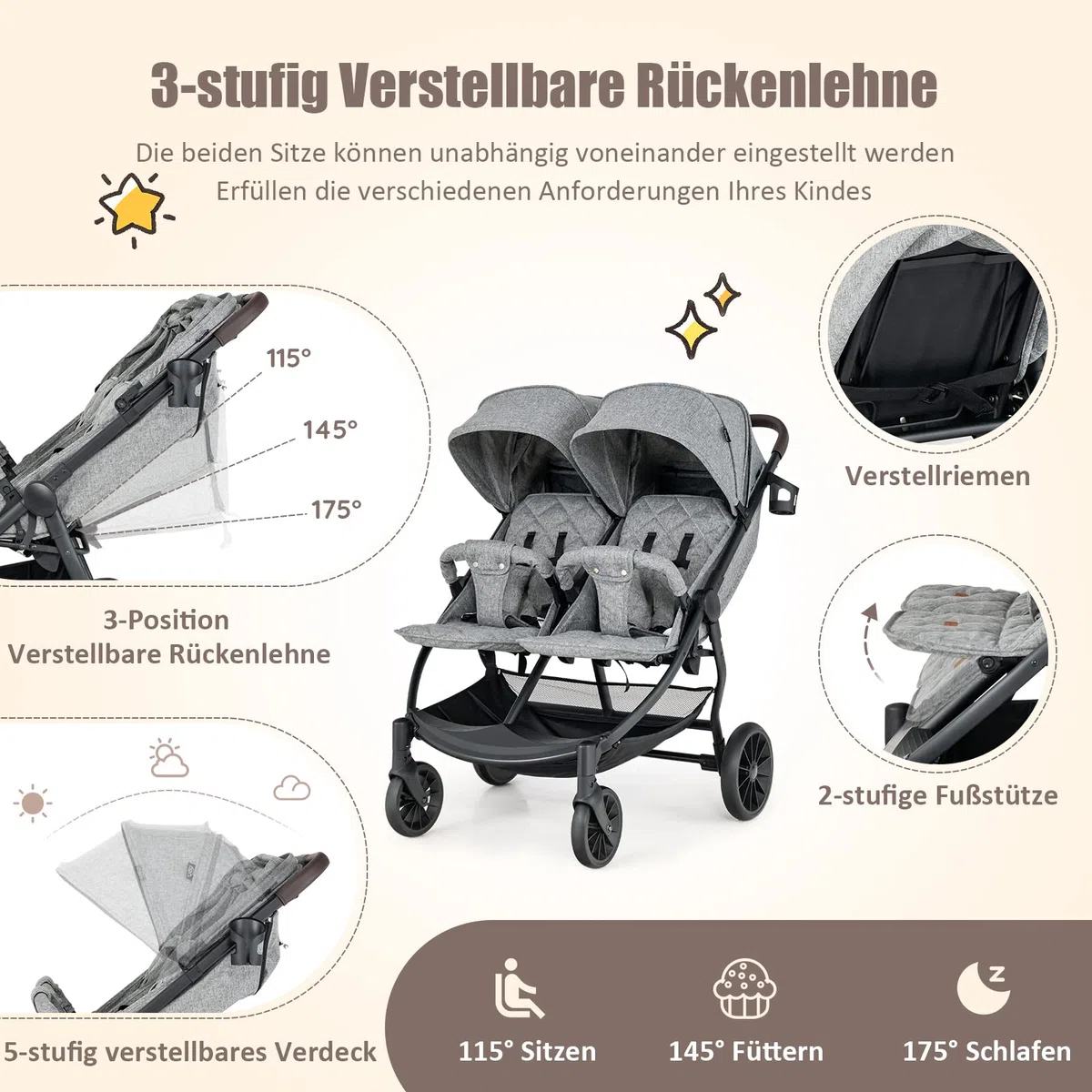 DREAMADE Geschwisterwagen, Doppelkinderwagen für 2 Kinder, Zwillingswagen Faltbar, Buggy mit Doppelsitz, Kinderwagen (Grau)