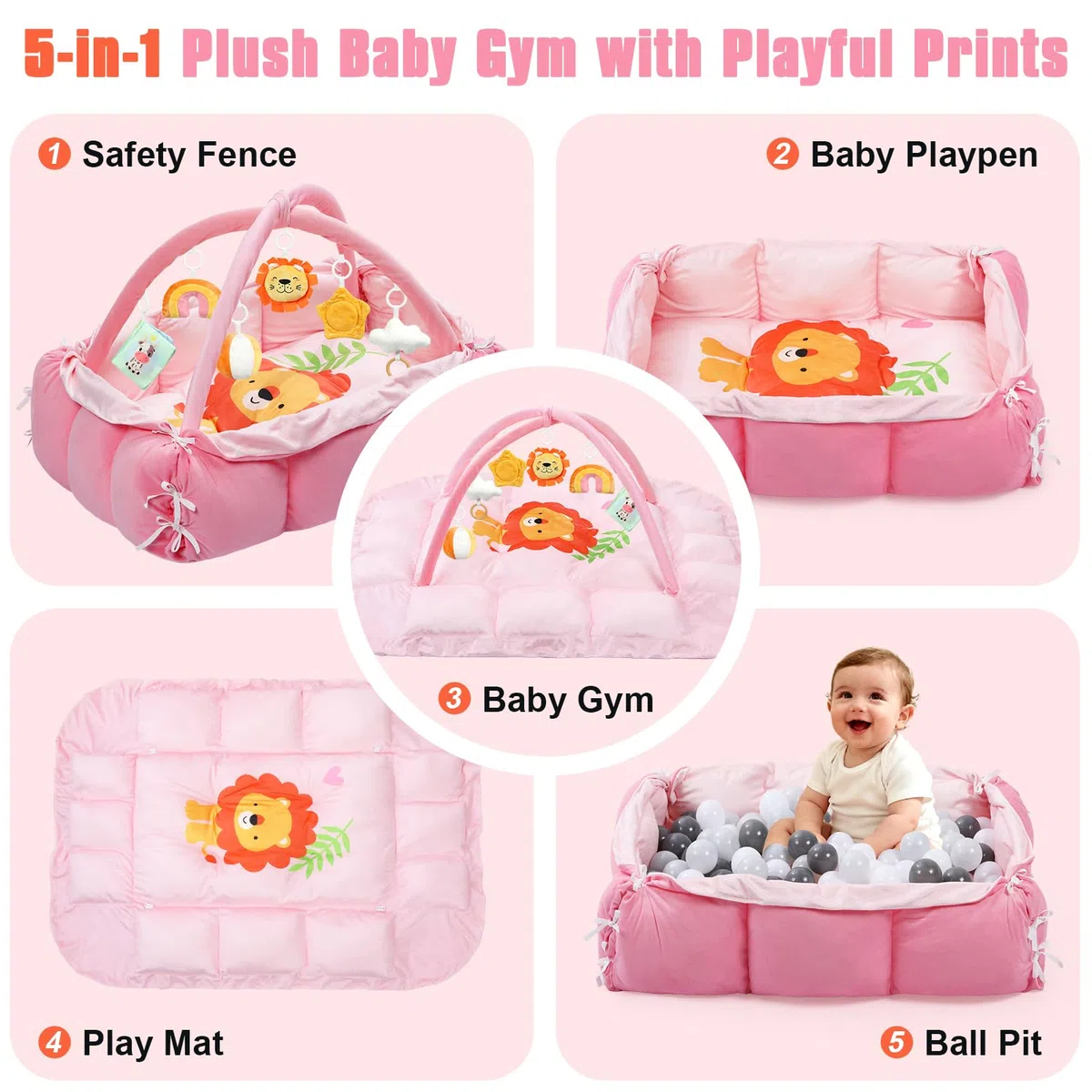 5-in-1 Bauchzeitmatte Baby Activity Gym mit Cartoon-Muster, extra dicke Plüsch-Spielbodenmatte, mit hängenden Spielzeugen, sensorischer Entwicklungs-Fitness-Studio & schönes Geschenk für Neugeborene