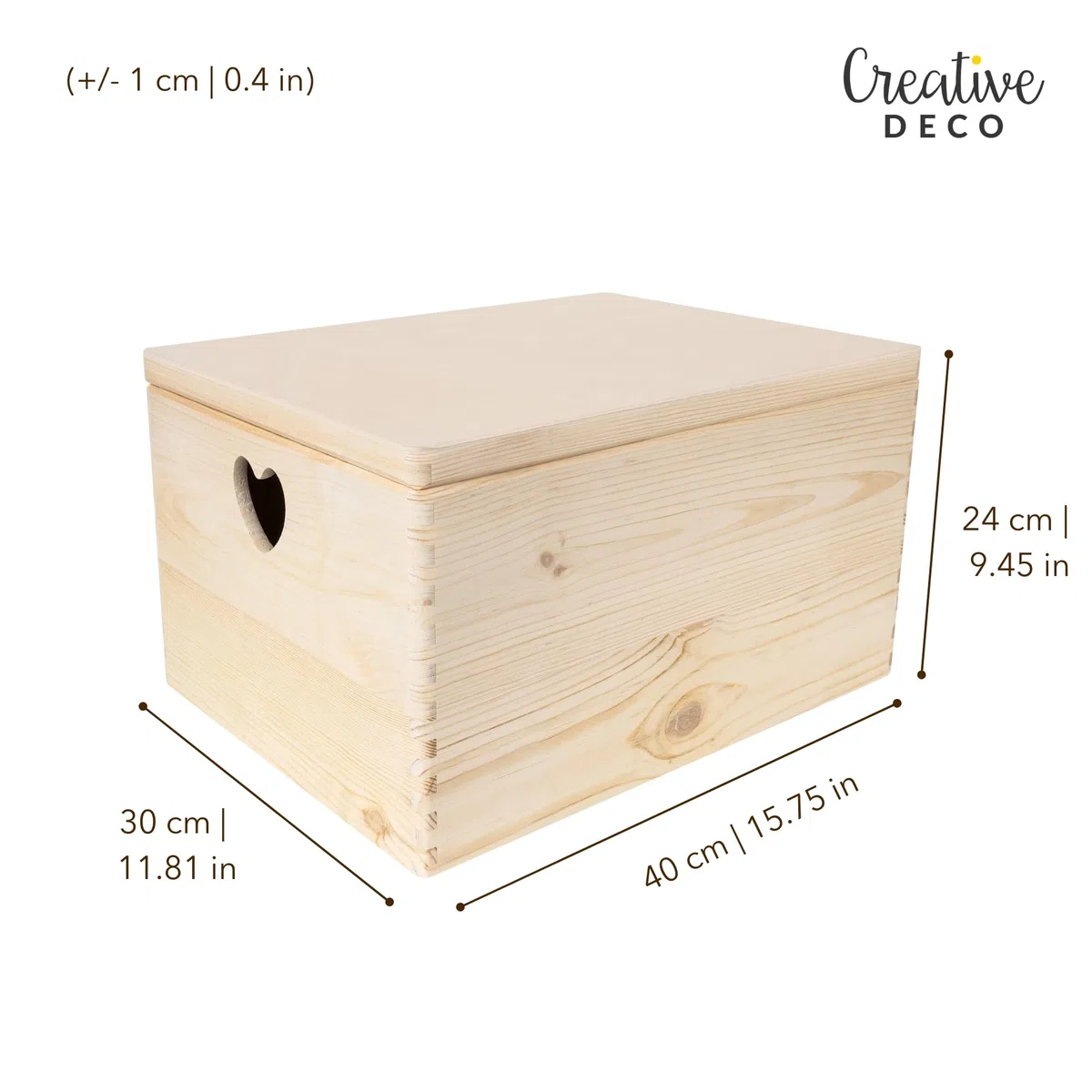Creative Deco Holzkiste mit Deckel | 40x30x24 cm (+/-1cm) | Erinnerungsbox Baby Groß Holzbox Unlackiert Kasten | Herzförmigen Griffen | Für Dokumente Ostern Spielzeuge Werkzeuge ROH UNGESCHLIFFEN