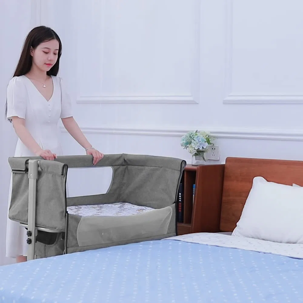 OHMG 3 in 1 Babybett,Beistellbett mit Aufbewahrungskorb,Wiege,Höhenverstellug und Einstellung der Neigung der Matratze,4 Räder mit Bremse Ergonomische Matratze,Verstellbarer,Tragbares