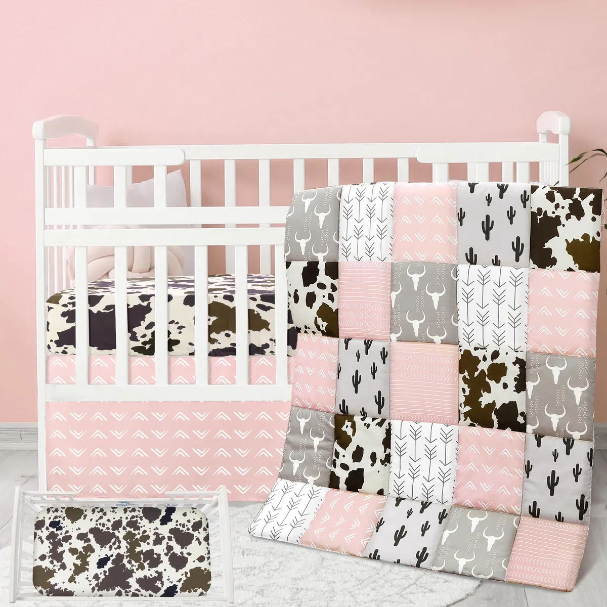 Hahafelt 3-teiliges Patchwork-Bettwäsche-Set für Jungen und Mädchen, Kuh-Kaktus-Druck, Baby-Bettwäsche, Barnyf, Western-Kinderzimmer, Dekoration, weiches Baby-Bettwäsche-Set mit Steppdecke