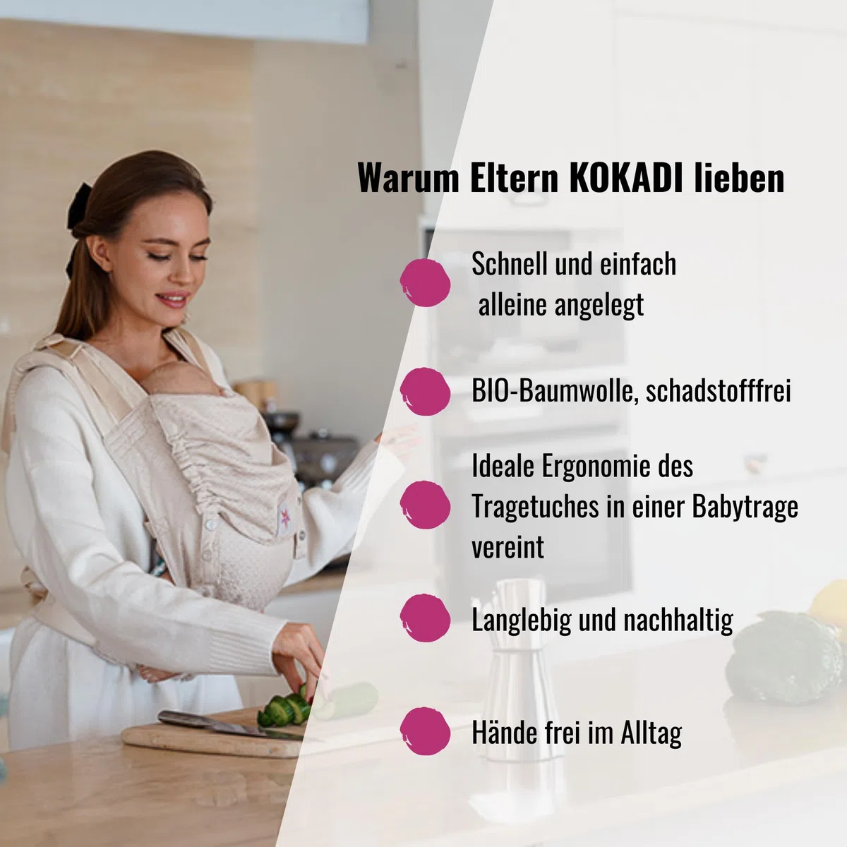 KOKADI Babytrage Flip Just (Babysize) – Ergonomisch, sicher & anpassbar, handgefertigt aus 100% Bio-Baumwolle – Ab Geburt bis 15 kg, einfach anzulegen, ideal für den täglichen Gebrauch – Rosé