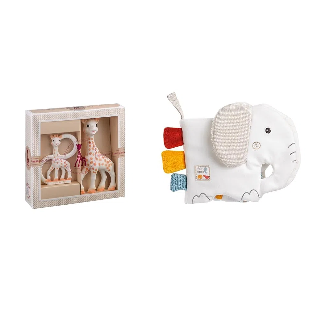 Sophie la Girafe – Sophie la Girafe Geschenkbox zur Geburt + Beißring & Fehn Soft Bilderbuch Elefant – Baby Fühlbuch mit Bio Baumwolle Stoff mit Tier Motiven