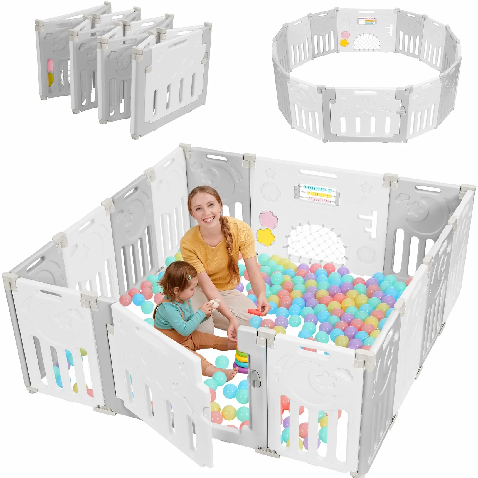 Dripex Laufstall Baby Faltbar, for Baby & Toddlers Kleinkinderzimmer, Möbel | Großes Laufgitter Baby mit verstellbarer Form,Erweiterbar mit Tür und Spielbrett für Innen/Außen,14 Panels/150x150cm/GrauWeiß