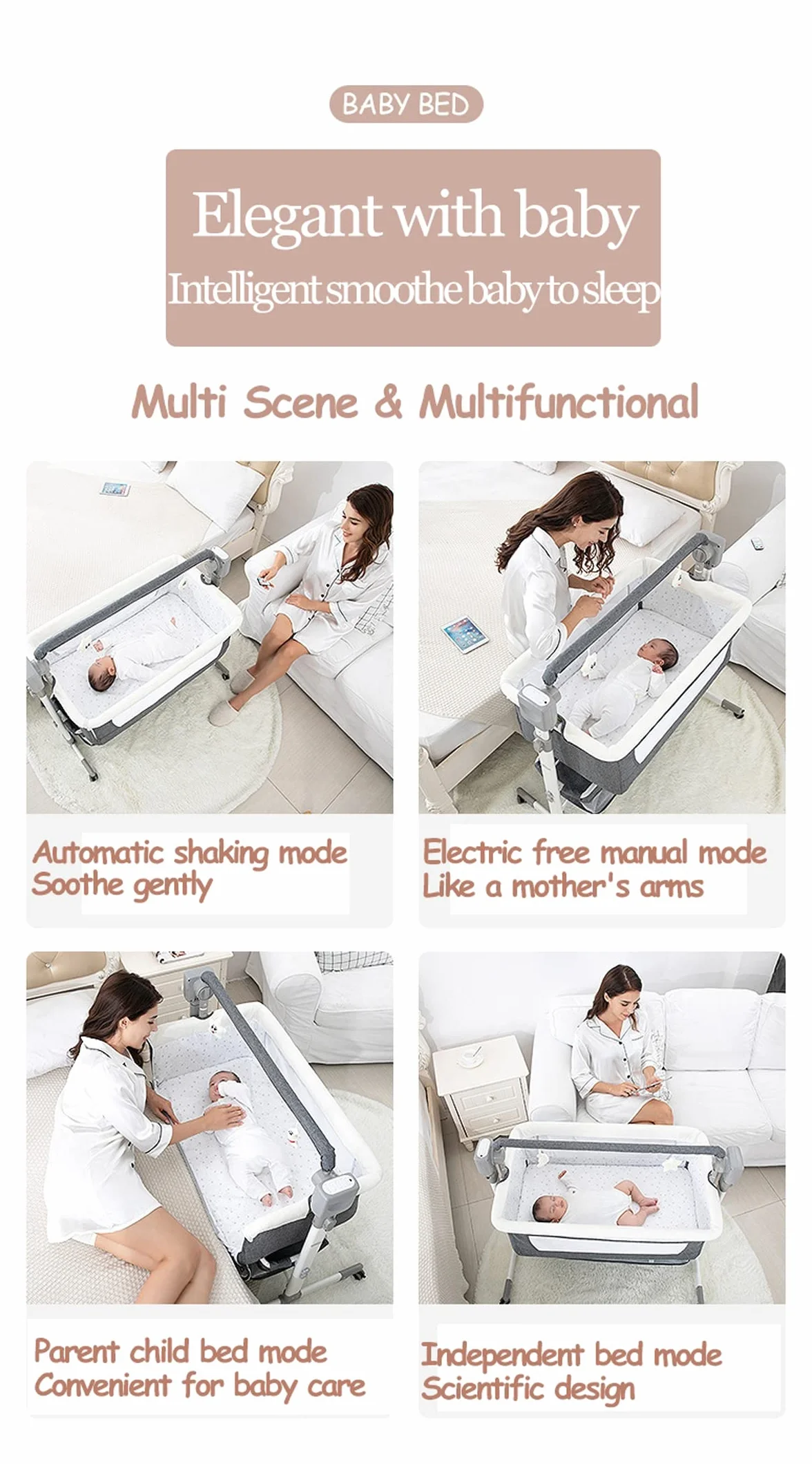 Magic ZC Elektrische Bluetooth Intelligent Beistellbett Baby mit Rollen, Faltbar Co-Sleeping Babybett, Convertible Stubenwagen Wiege mit Fernbedienung, Musik, 5-schwankende Zahnräder (601 Khaki)