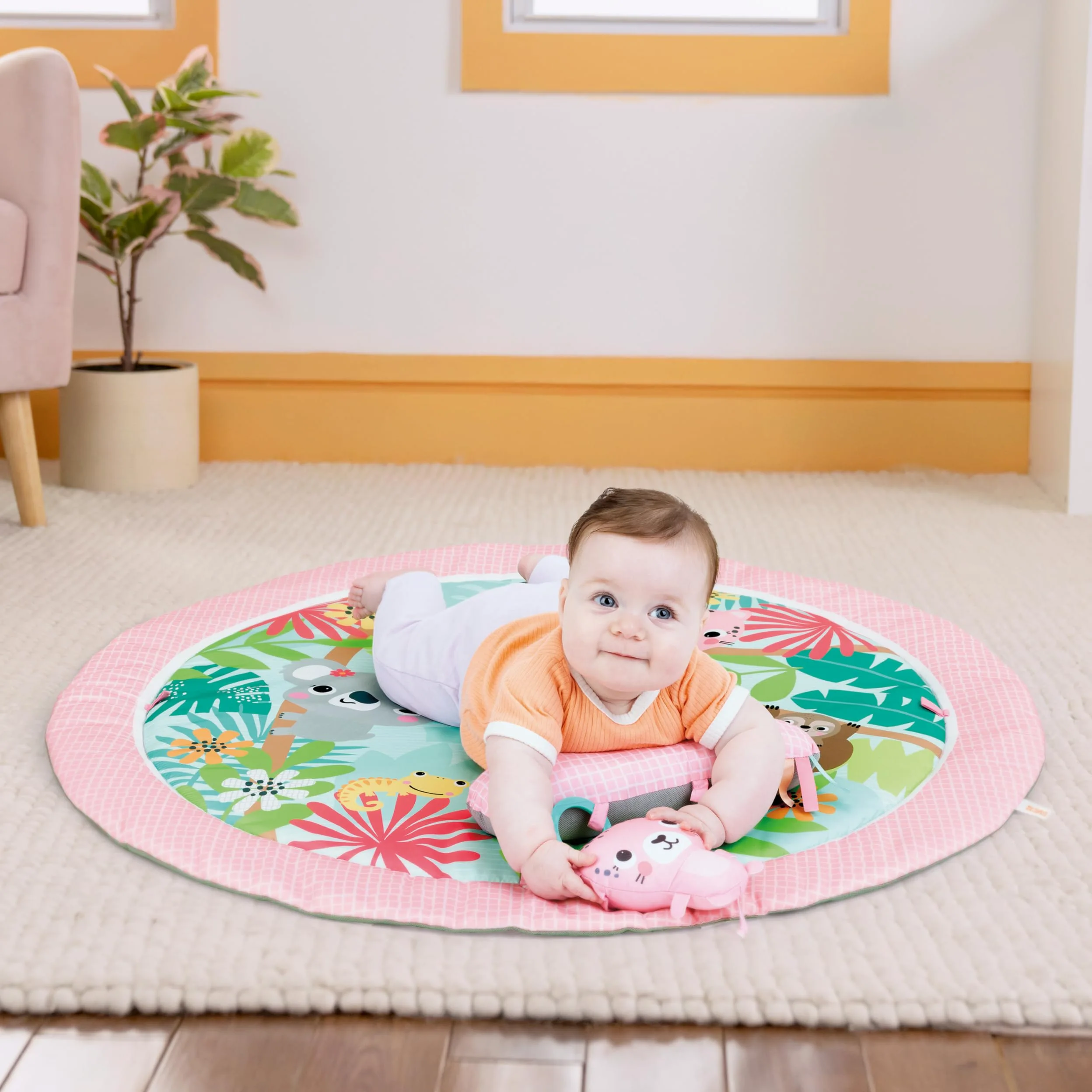Bright Starts Rosy Regenwald Spieldecke Baby – faltbares Aktivitätsgym mit 7 Mitnehmsspielzeugen & Tragetasche, Dschungel-Design für Neugeborene und Ältere