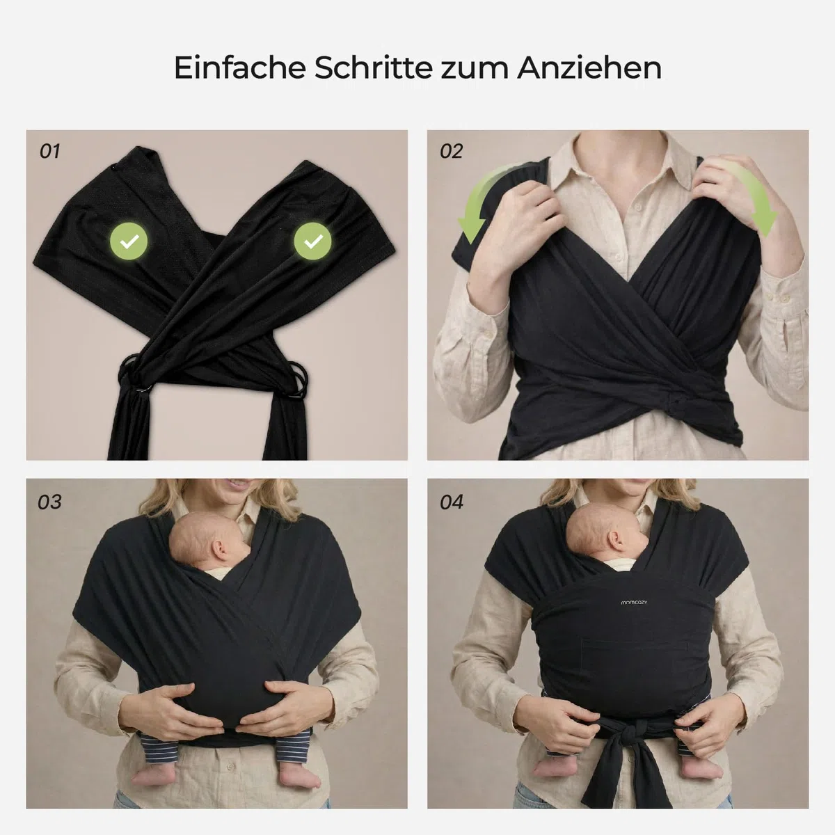 Momcozy Elastisches Tragetuch Baby Neugeborene ab Geburt | Ring Sling Babytragetuch für 3.6-15 kg | Atmungsaktiv & Ergonomisch | OEKO-TEX 100 Zertifiziert,Schwarz