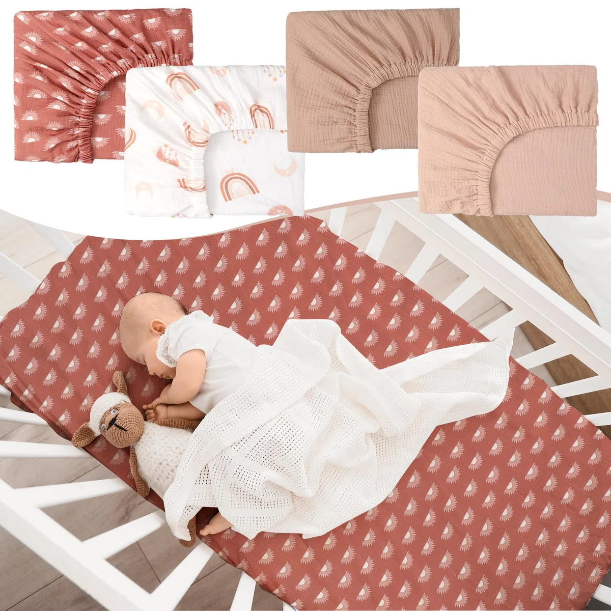 Mindsoft 4-teiliges Musselin-Spannbettlaken-Set für Jungen und Mädchen, Spannbettlaken für Kinderbetten für Standard- und Kleinkindermatratze, weiche und atmungsaktive Baumwolle, Baby-Bettlaken, 71,1