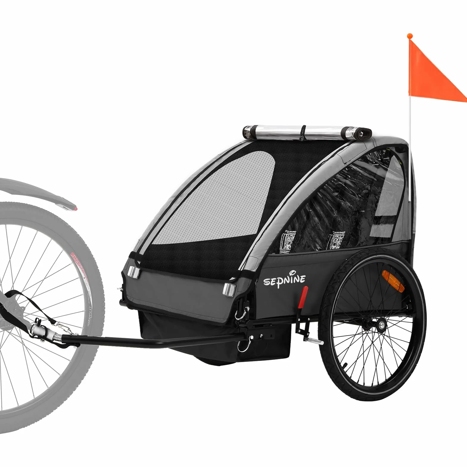 SEPNINE Kinderanhänger für Fahrrad, Fahrradanhänger für 1-2 Kinder, mit 5-Punkt-Sicherheitsgurt, Luftreifen, Handbremse, Faltbar, Max. 40 kg (Grau)