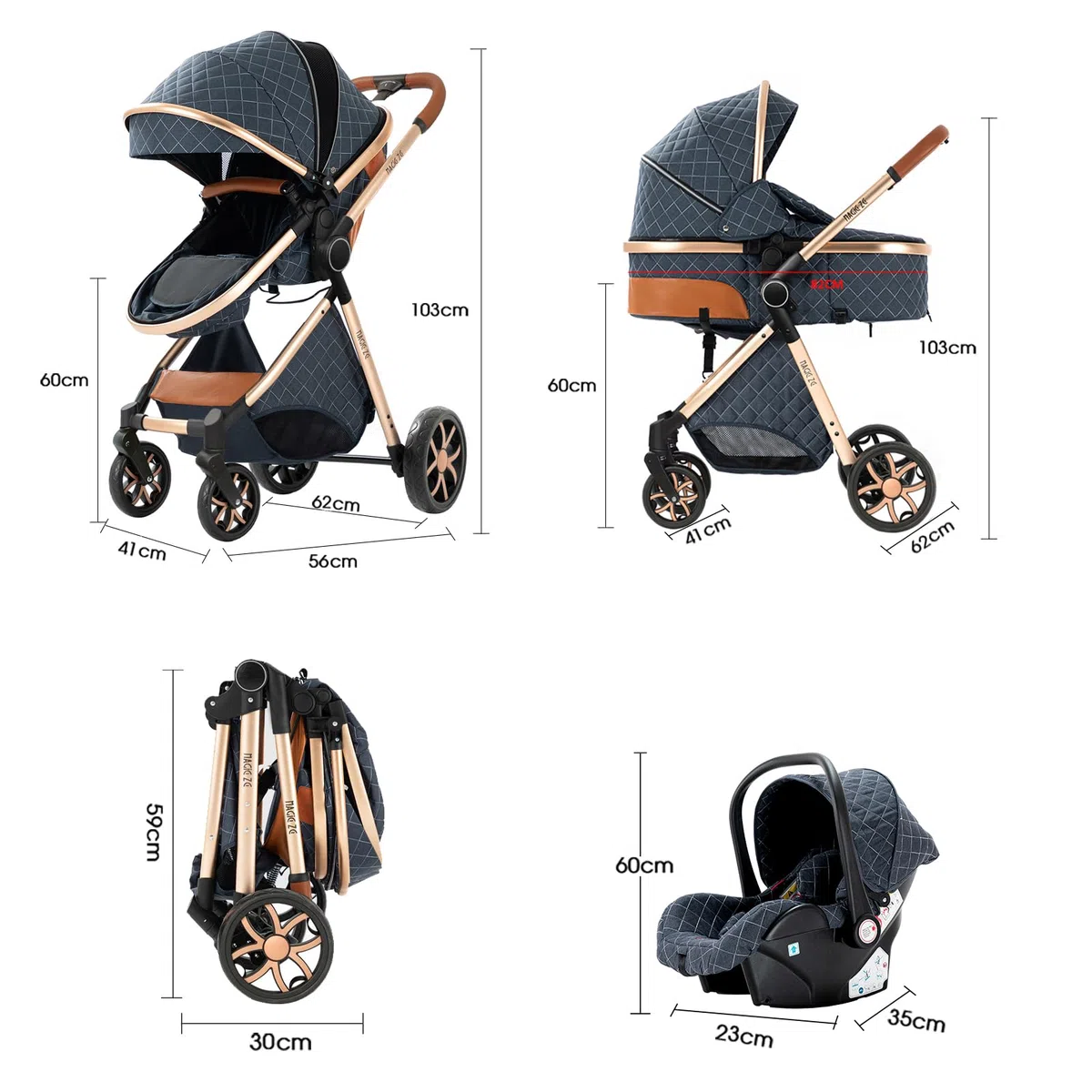 Kinderwagen 3 in 1, Buggy mit Umkehrbarem Zwei-Wege-Schub, Kinderwagen Faltbarem Tragbarem One-Click-Design, Kinderwagens 3 in 1 Komplettset mit Zubehör Hohe Landschaft (YV9 Deep Grey)