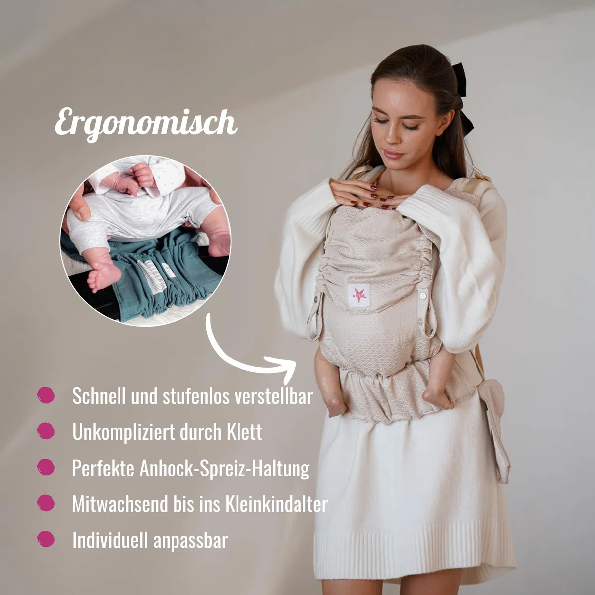 KOKADI Babytrage Flip Just (Babysize) – Ergonomisch, sicher & anpassbar, handgefertigt aus 100% Bio-Baumwolle – Ab Geburt bis 15 kg, einfach anzulegen, ideal für den täglichen Gebrauch – Rosé