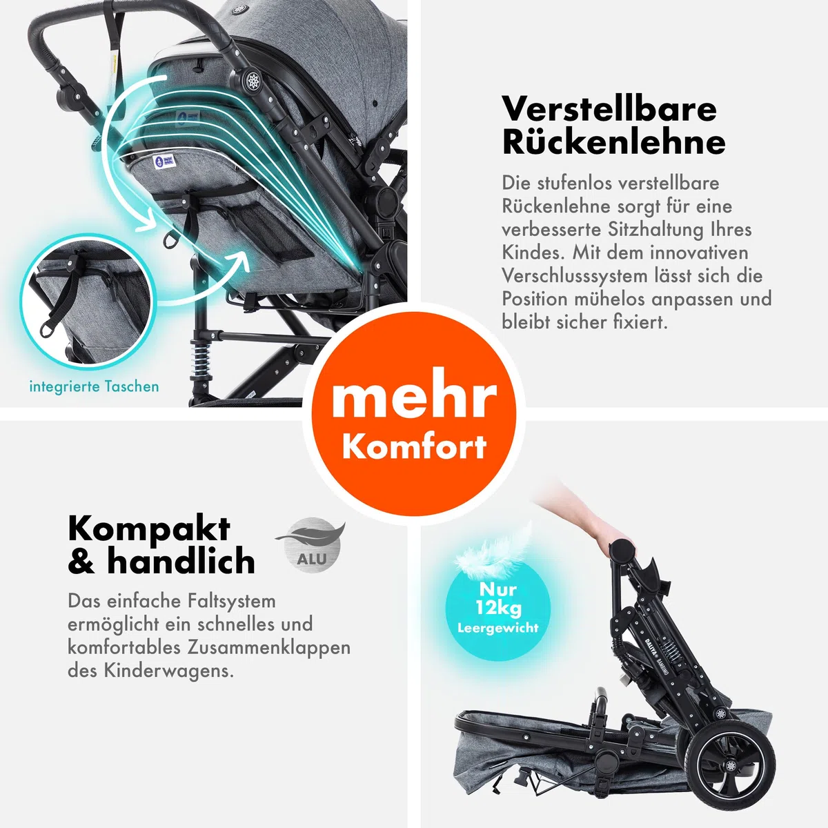 Daliya BAMBIMO 3in1 Kinderwagen & Buggy Set mit i-Size Babyschale ECE R129 Kombikinderwagen ab Geburt bis 22 kg pannensichere Räder Federung höhenverstellbar Dunkelgrau Rahmen Schwarz
