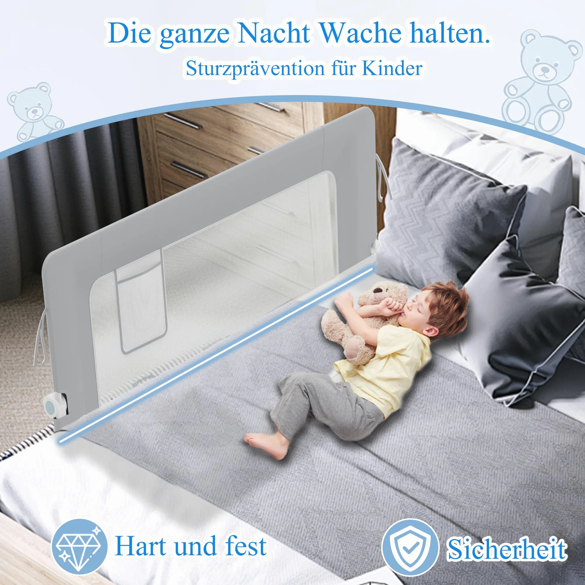 Aufun Bettgitter Rausfallschutz Portable 180cm, Faltbar Kinderbettgitter für Kinder Babybettgitter Klappbar, Tragbar, Bettschuztgitter Bett für Babys und Kinder im Elternbett, Grau