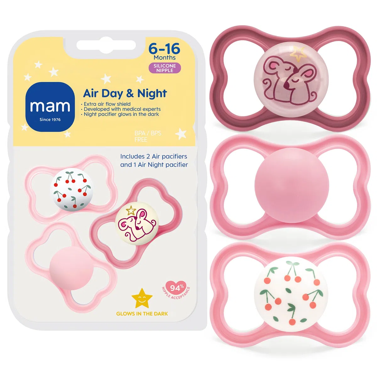 MAM Air Night & Day Baby Schnuller für sensible Haut leuchtet im Dunkeln 3er Pack, 6-16 Monate, Mädchen