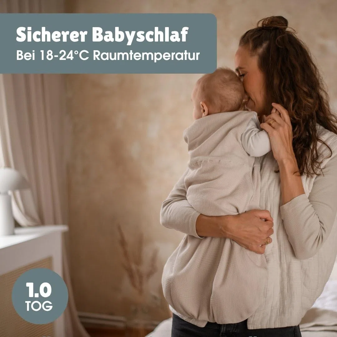 emma & noah Baby Schlafsack 1.0 TOG, Ganzjahres Schlafsack für den Frühling, Sommer und Herbst, 100% Bio-Baumwolle, OEKO-TEX Zertifiziert, Strampelsack für Neugeborene (Essential Beige, 60 cm)