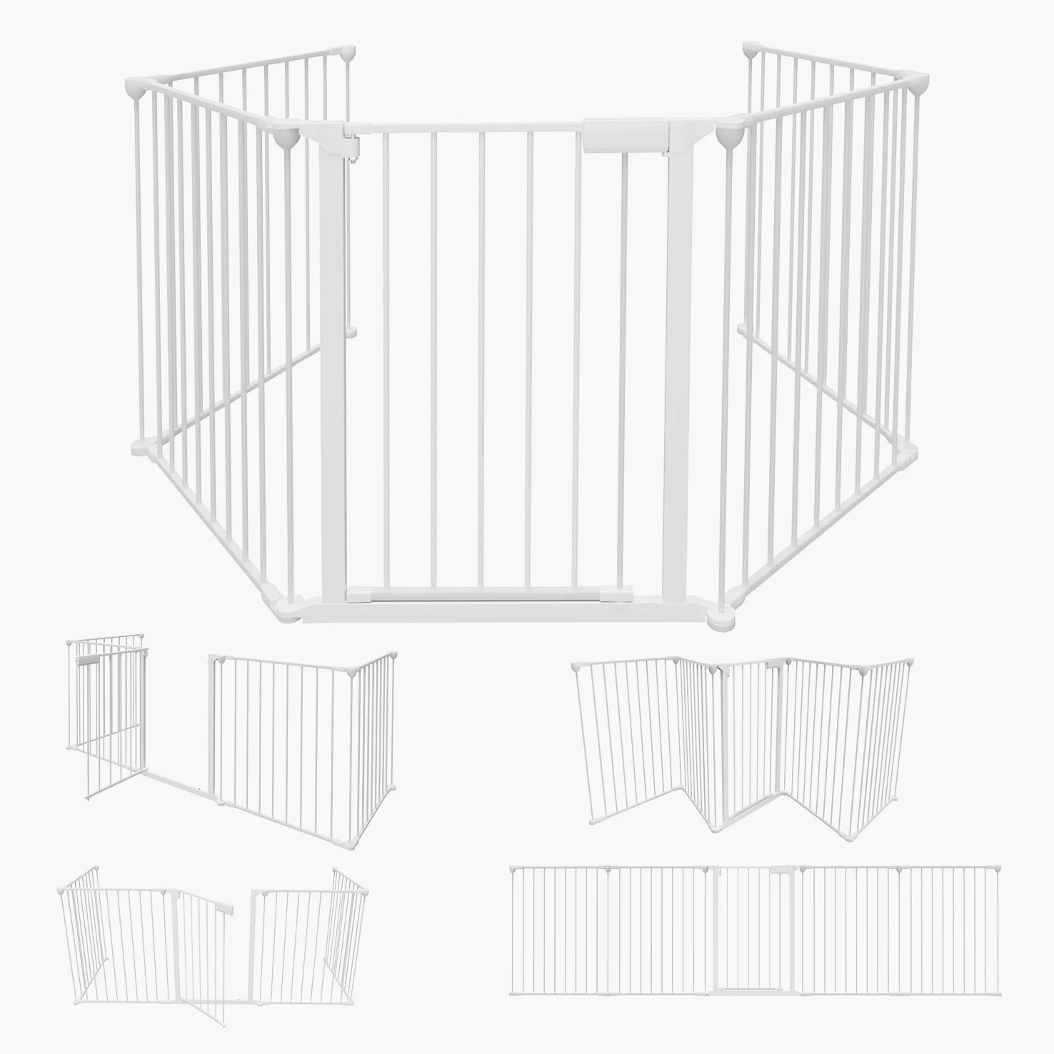 Kaminschutzgitter mit Tür 310cm, Metall Ofenschutzgitter, Kinderschutzgitter 5-Elementen (75x60 cm), Kamingitter Türschutzgitter Tierschutzgitter für Kinder und Haustiere, Weiß