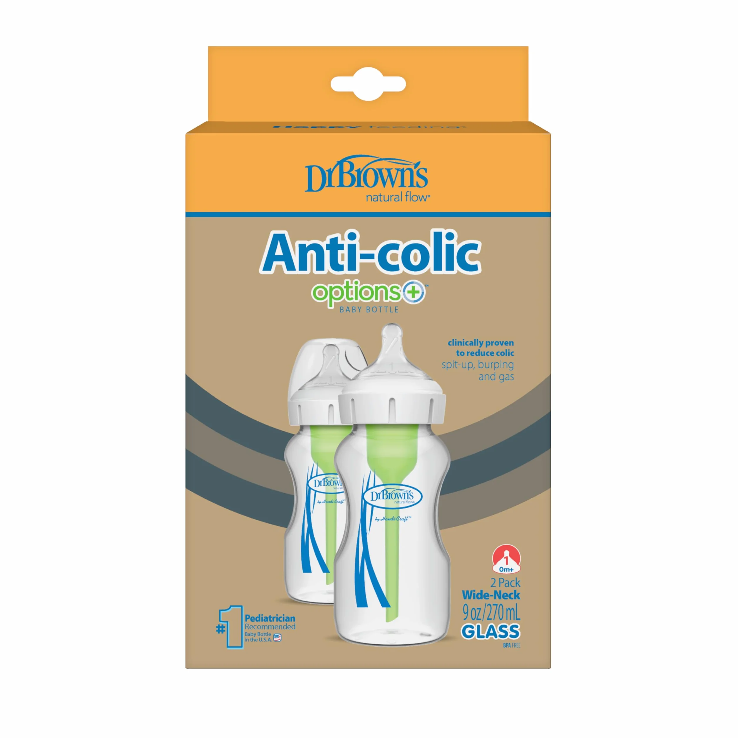 Dr. Brown's Natural Flow Anti-Colic Options+ Weithals-Babyflasche aus Glas, 9 oz/270 ml, mit langsamem Sauger der Stufe 1, 2er-Pack (Verpackung kann variieren)