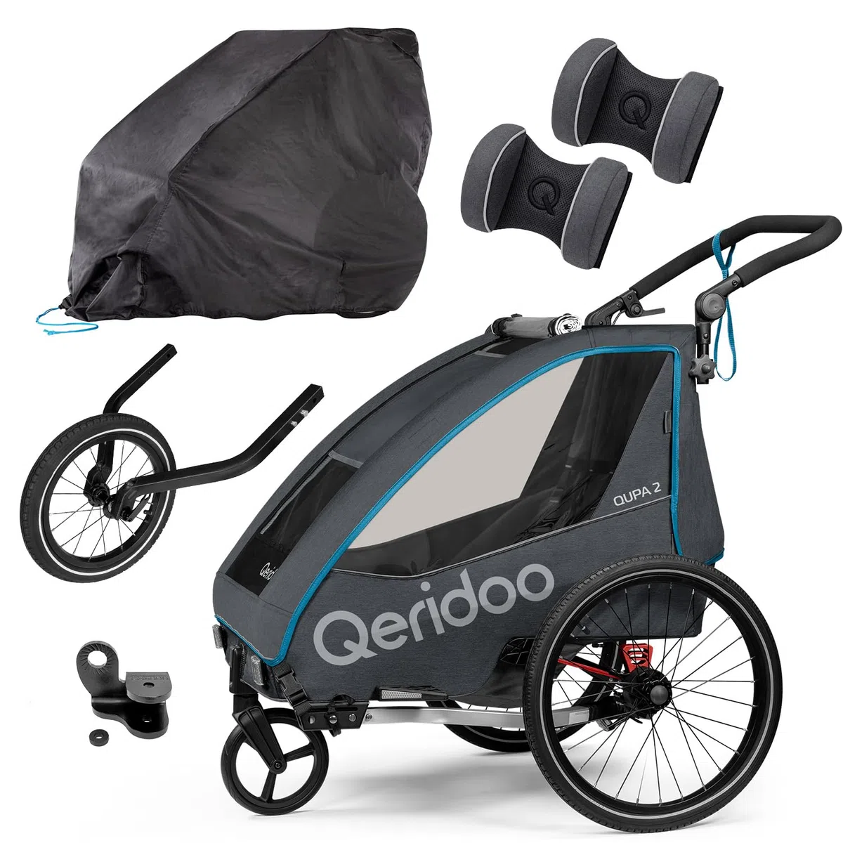 Qeridoo QUPA 2 Blue Comfort Sport Set | Fahrradanhänger 2 Kinder mit Joggerrad, Kupplung & Faltgarage | Kinderfahrradanhänger | Fahrrad Anhänger Kinder | Kinderanhänger Fahrrad | Jogger Kinderwagen