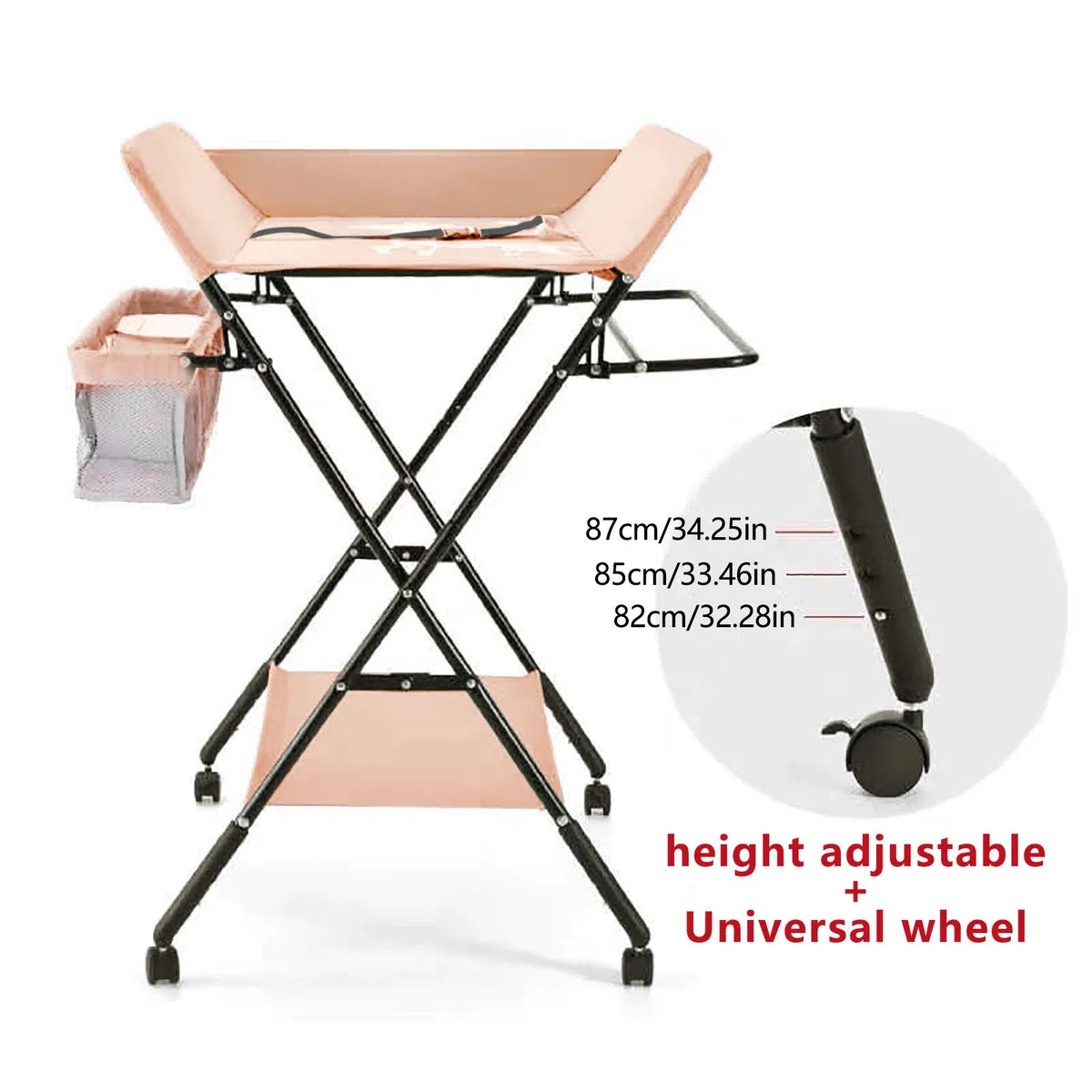 Klappbar Wickelunterlage und Tragbarer, Wickelaufsatz Baby mit Motiv Giraffe, Höhenverstellbar, Wickeltisch mit Rollen, Sicherheitsgurt und Ablagefächern Wickelkommode 80 * 63 * 96cm (Khaki)