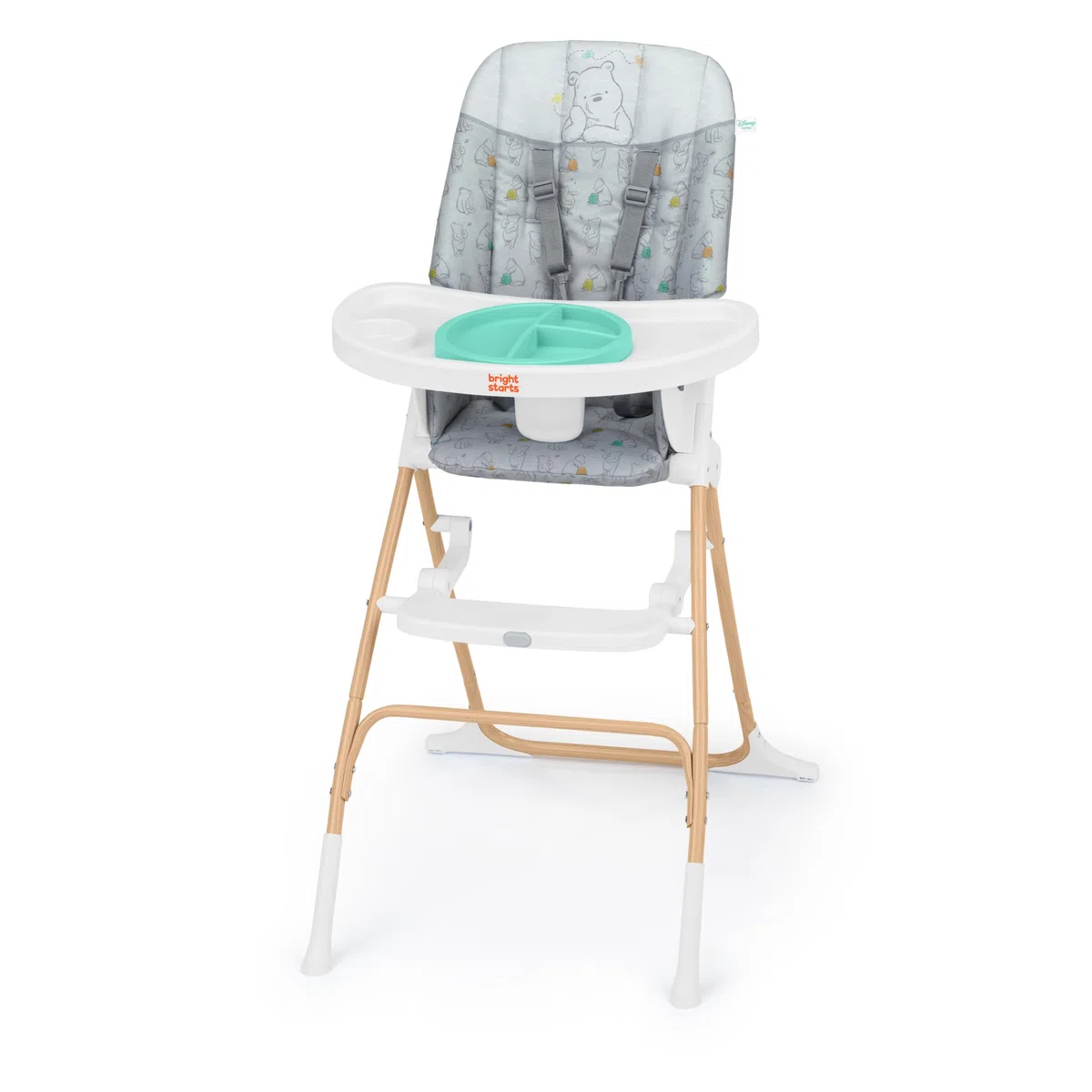 Bright Starts Disney Winnie Puuh handlicher, zusammenklappbarer Hochstuhl, lebensmittelechter Teller, 5-Punkt-Gurt, für Kinder ab 6 Monaten, Unisex - Classic Pals Motive