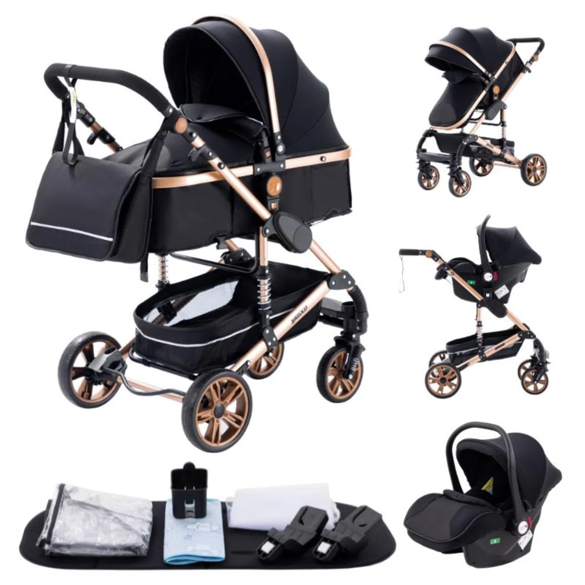 YAZOCO 3 in 1 Kinderwagen Kombikinderwagen komplettset Zusammenklappbar baby kinderwagen incl Babywanne & Buggy Sportsitz & Fußsack & Moskitonetze (Schwarz und Gold)