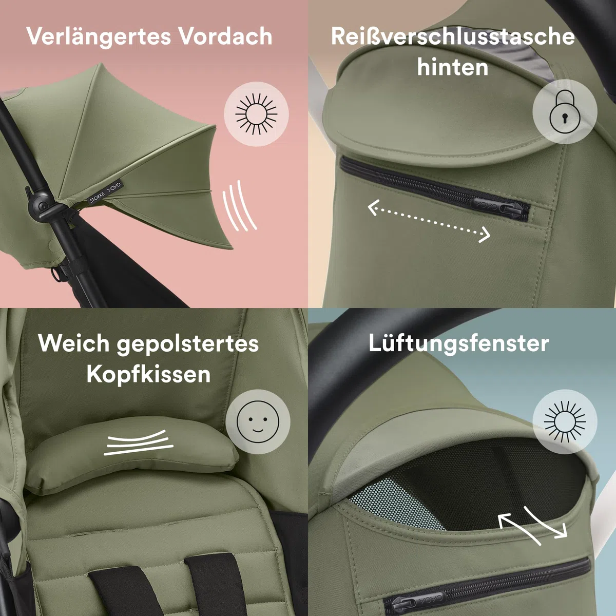 Stokke YOYO 6+ Farbpaket, Olive - Nur Textilien: Sitzpolster, ausziehbares Verdeck & Reißverschlusstasche hinten - Erfordert YOYO-Rahmen (separat erhältlich)