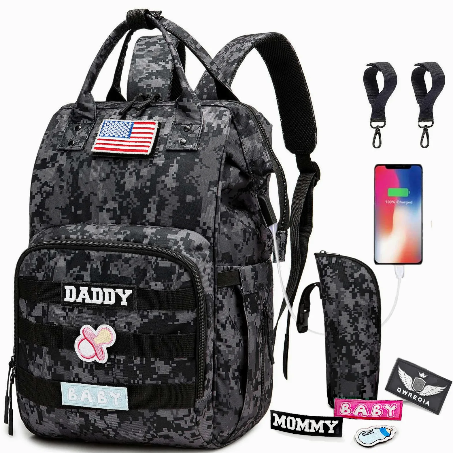 Taktischer Wickelrucksack mit USB-Anschluss (Daddy und Momy)