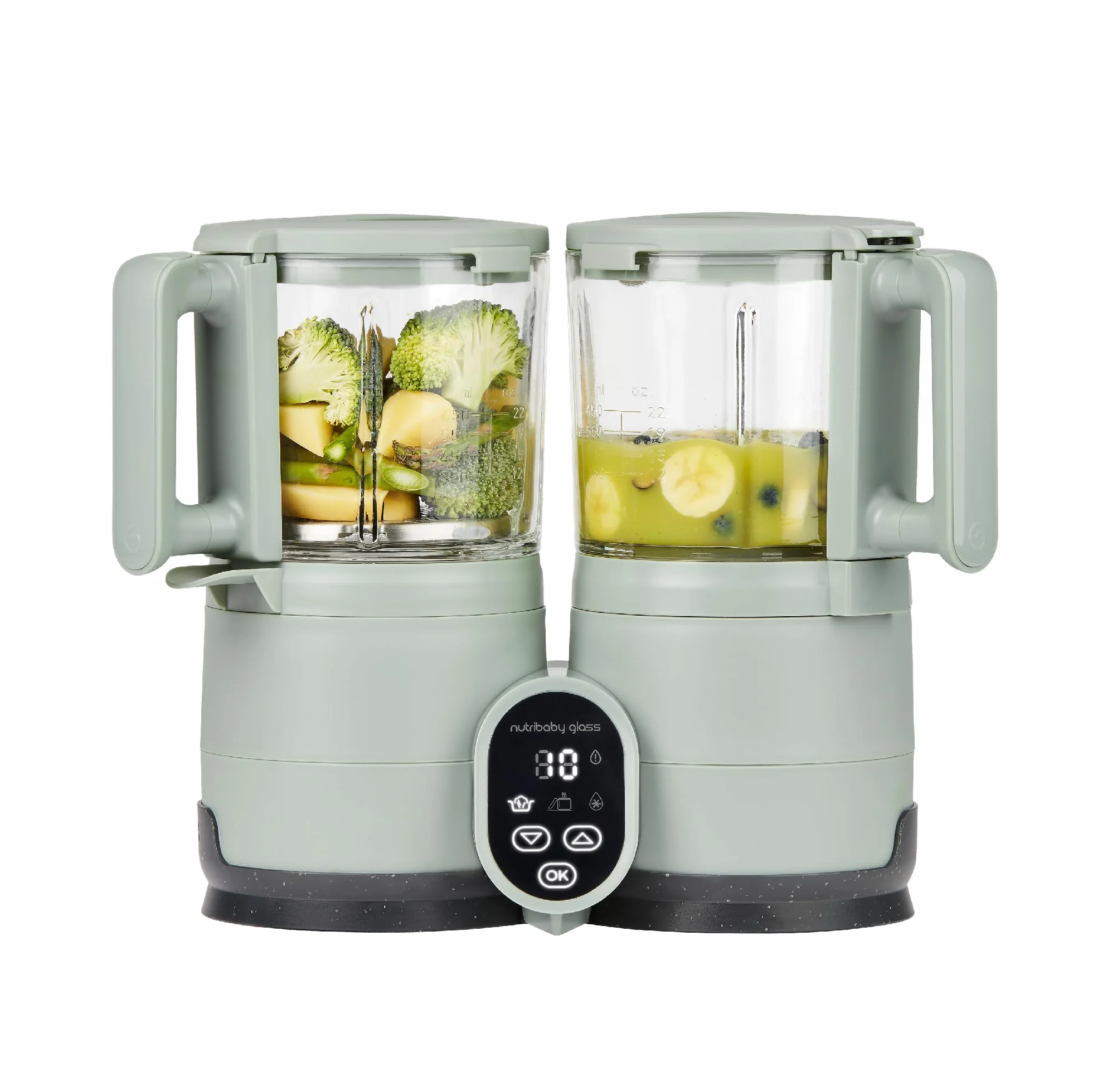 Babymoov Nutribaby Glass Green Celadon 4-in-1 Babynahrungszubereiter aus Glas und Edelstahl, 1900 ml Dampfgaren Mixen Aufwärmen Erwärmen