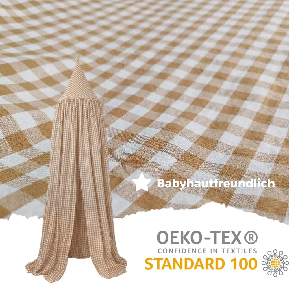 Wonder Space Kinderbett-Himmel - Neutrales Beige Karomuster für Kinderzimmer | Dekoratives Baumwollzelt für Babybetten & Kleinkinderbetten | Perfekt für Leseecke oder Spielbereich