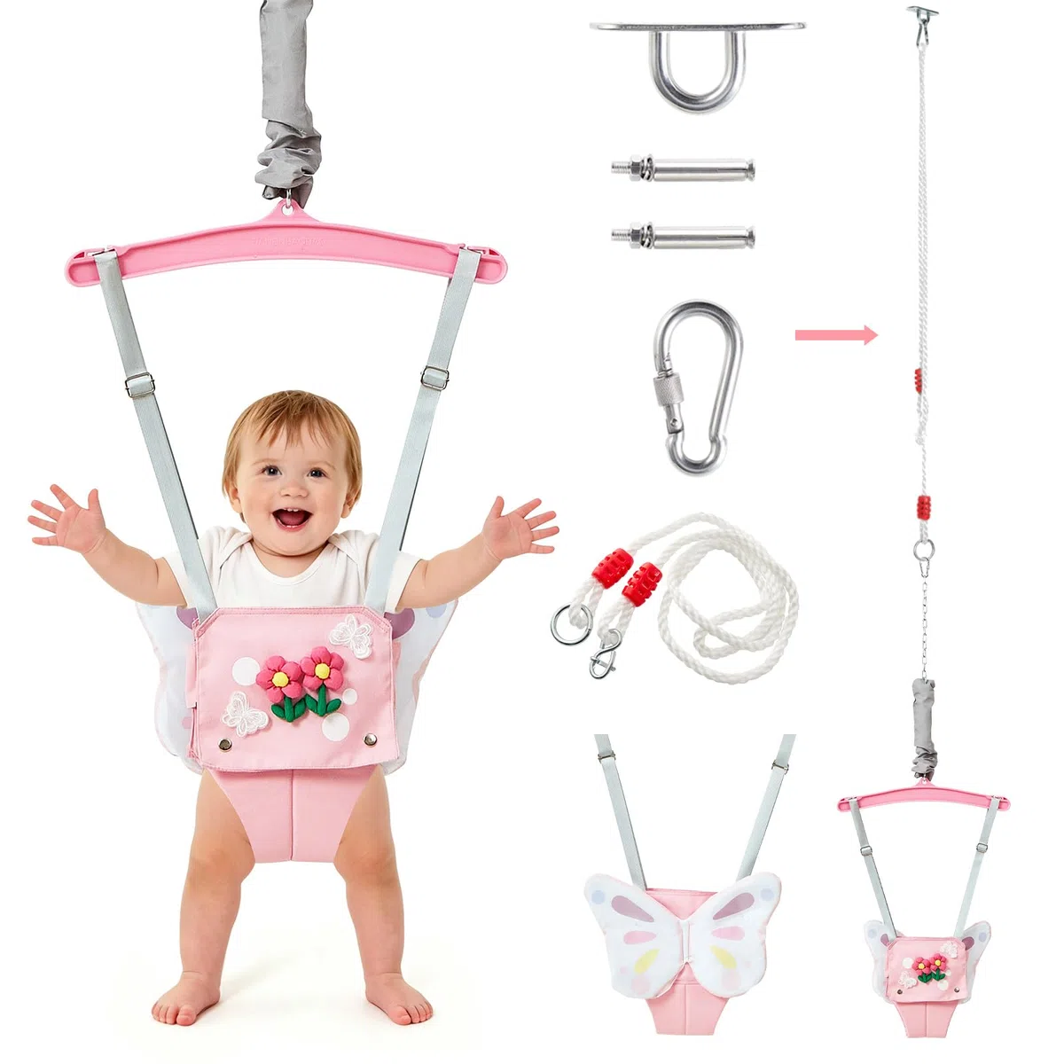 FUNLIO Baby Jumper mit Deckenhaken für 6–24 Monate, Türhopser für Babys für drinnen und draußen, Baby Jumper mit verstellbarer Kette, leicht zu montieren und zu verstauen – Rosa Schmetterling