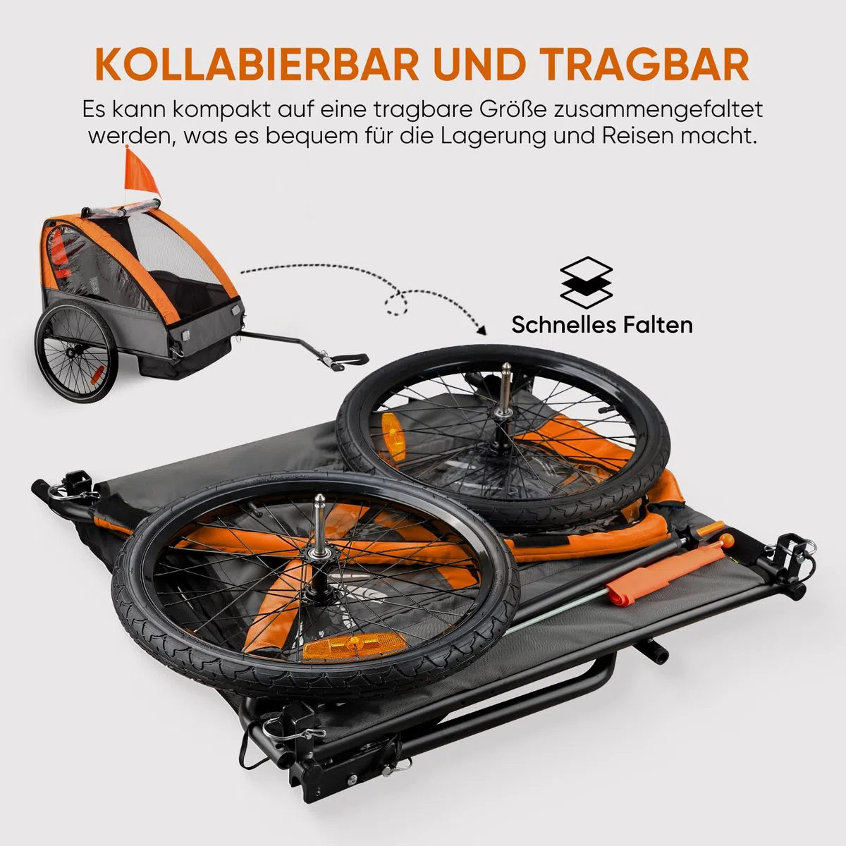 SEPNINE Fahrradanhänger mit 5-Punkt-Sicherheitsgurt, Luftreifen, Handbremse, Faltbar, Max. 40 kg (Orange)