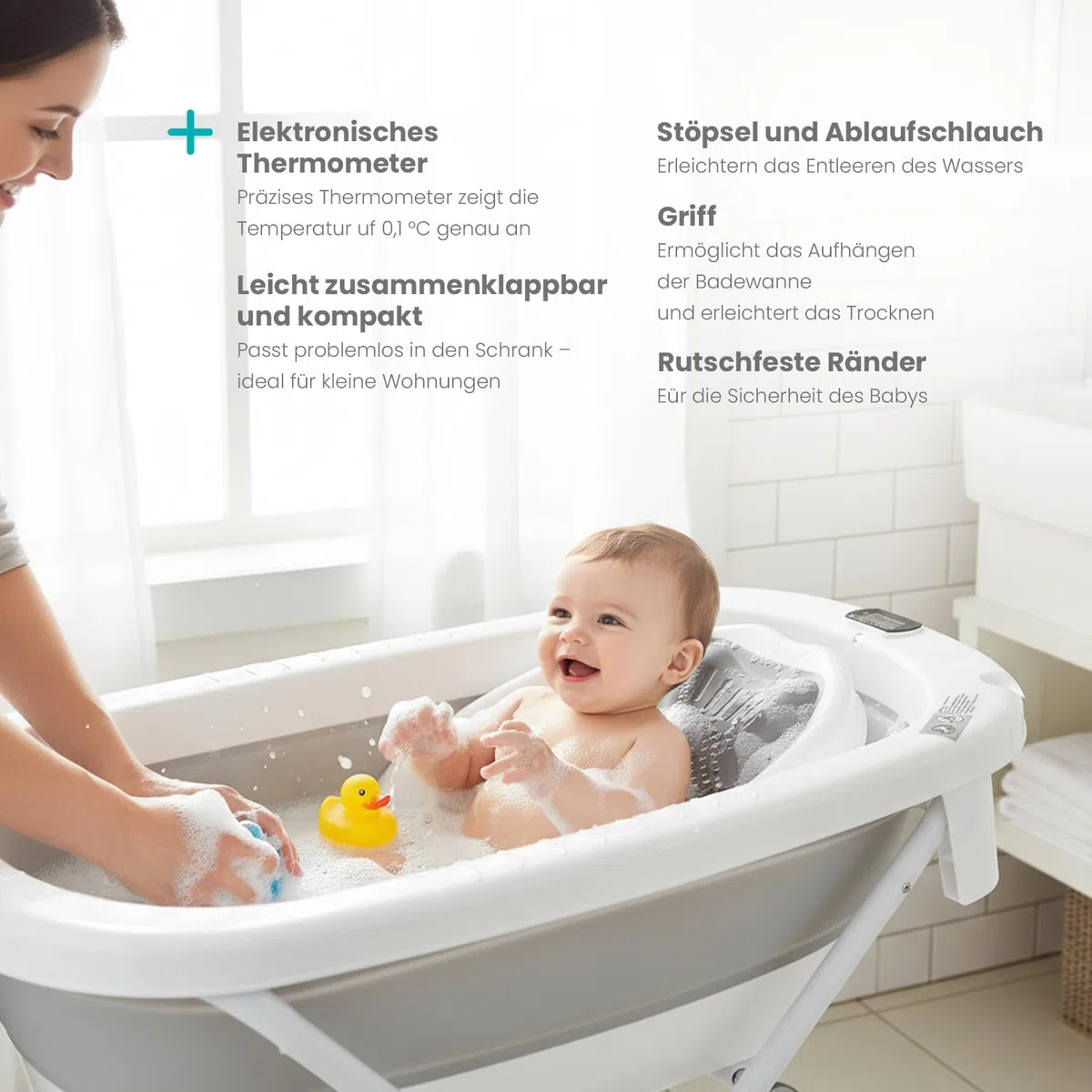 Primabobo Milo Faltbare Babybadewanne mit Gestell und Badesitz, Elektronischem LCD-Thermometer und Ablaufschlauch, Stabiles Bade-Set für Neugeborene und Babys, Grau