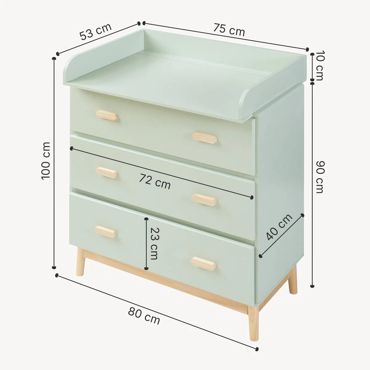 [en.casa] Wickelkommode Sarievn 100 x 80 x 53 cm Wickeltisch mit abnehmbarer Wickelauflage Kommode mit 3 Schubladen Mintgrün
