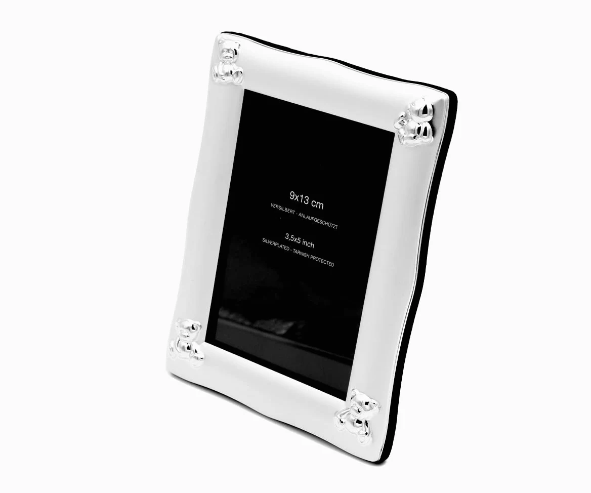 Design Baby Bilderrahmen versilbert Taufgeschenk Fotorahmen Bär Motiv Kinder Bilderrahmen zur Geburt Rahmen versilbert (Gravur bis 25 Zeichen)