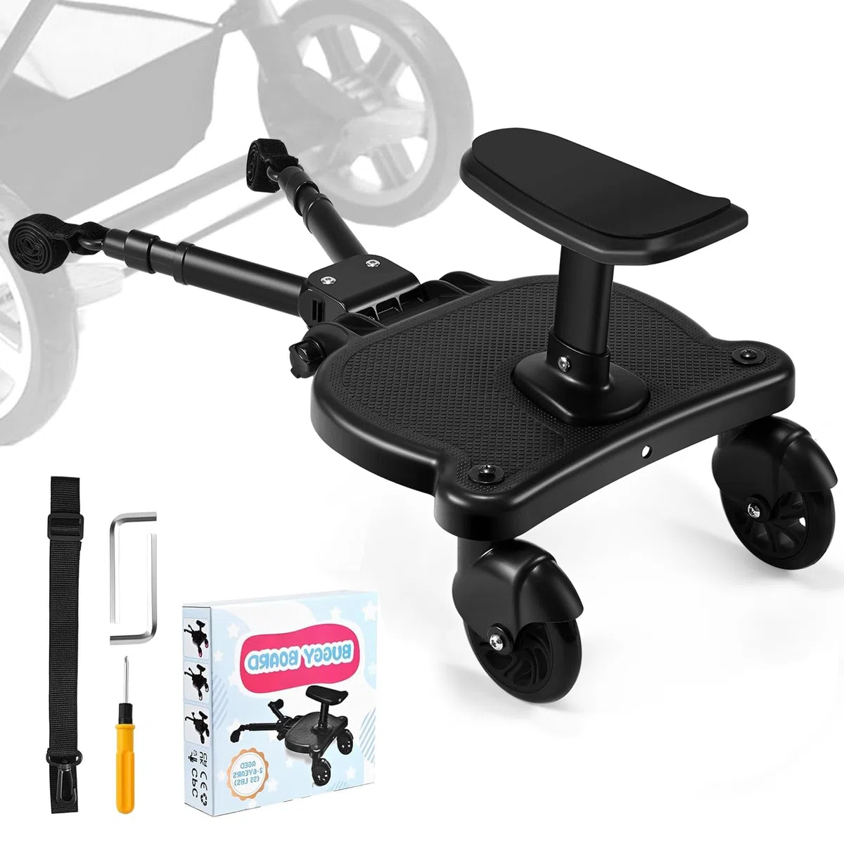 Buggy für Babys, Skate Kinderwagen, Universal, tragbar, Trittbrett für Kinderwagen, Kiddy Boards mit Aufhängegurt, Bretter mit Rollen für Babys von 2 bis 6 Jahren (25 kg)