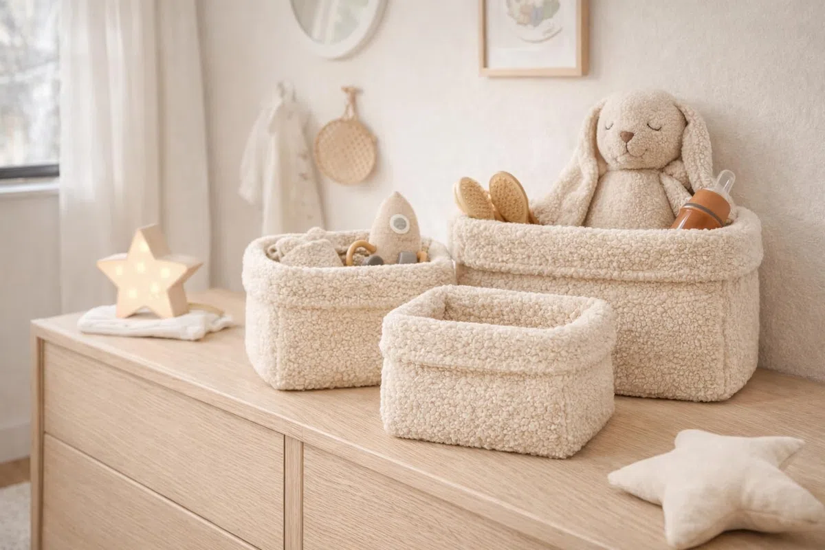 Aufbewahrungskorb Wickeltisch Baby, Körbchen Set 3 Stück, Organizer Wickelkommode, Utensilo Aufbewahrungsbox Badezimmer (BOUCLE_CREME)