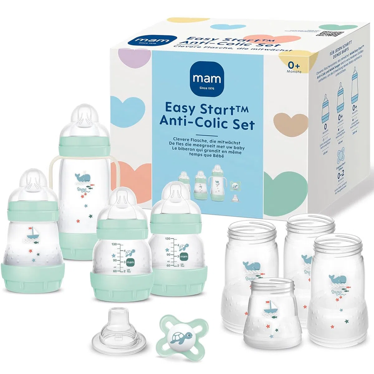 MAM EasyStart Anti-Colic Babyflaschen Set, Bodenventil gegen Koliken, mitwachsend, selbst-sterilisierend, Farbe: blau-creme