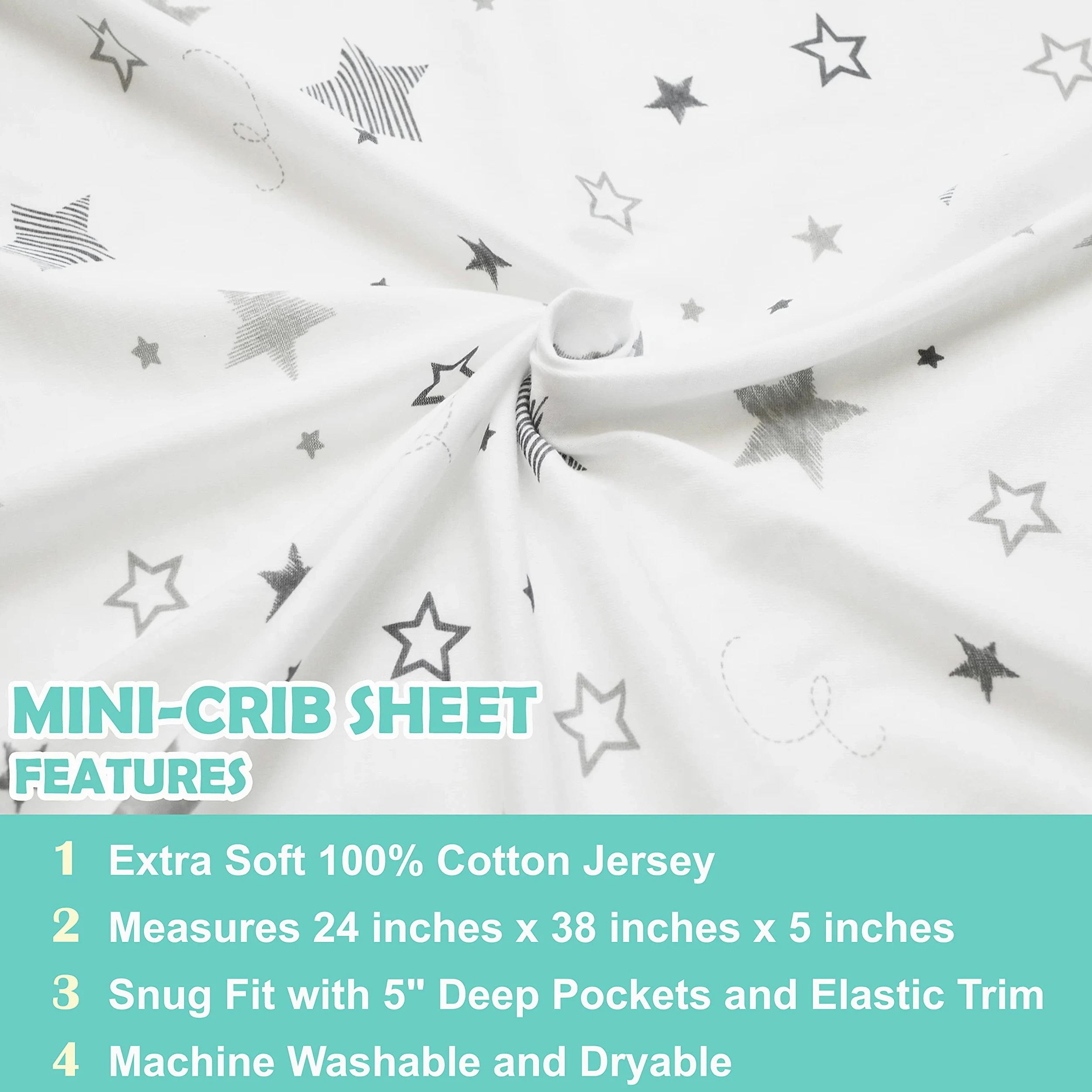 American Baby Company Spannbettlaken für Kinderbett, 61 x 96,5 cm, weich, atmungsaktiv, neutral, 100% Baumwoll-Jersey, tragbar, super Sterne, für Jungen und Mädchen, passend für die meisten Pack N