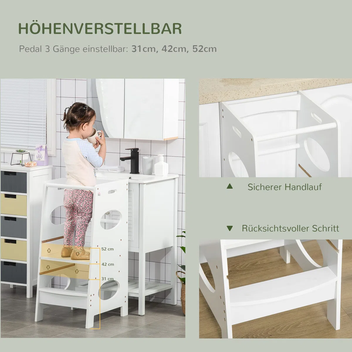 HOMCOM Lernturm für Baby Tritthocker Schemel Stehender mit 3 Stufen Küchenhelfer für 3+ Jahre Kinder Jahre Sicherheit Bad Schlafzimmer Küche Weiß 40 x 50 x 90 cm
