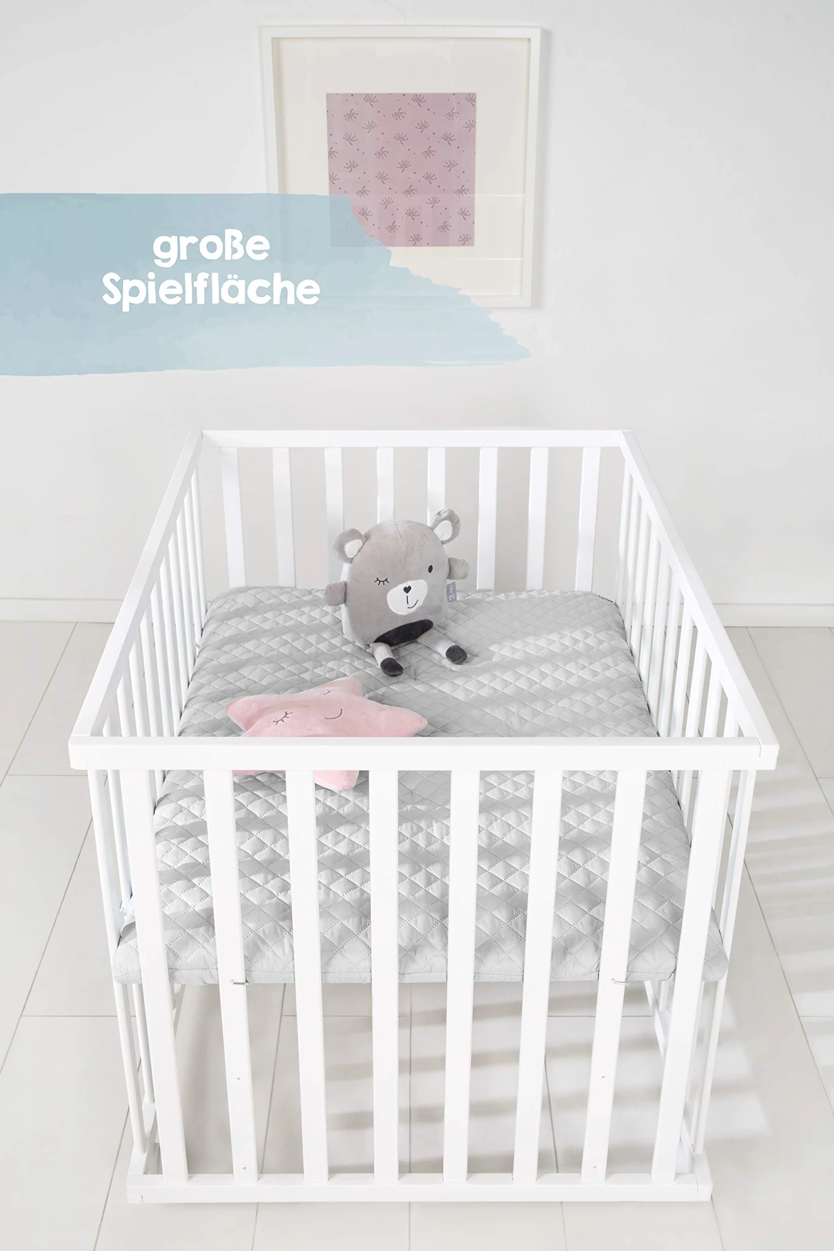 roba Laufgitter 75 x 100 cm - Baby Spielgitter + Einlage roba Style grau - 3-fach höhenverstellbar - Mobiler Laufstall mit Rollen - Holz weiß