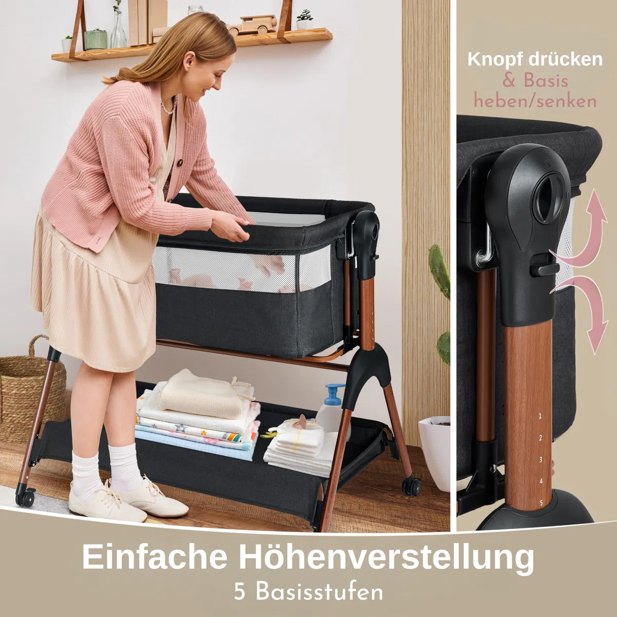 LullaBee Beistellbett & Baby Co-Sleeper – 6 Höhenstufen, Schaukel­funktion, Rollen, gesteppte Matratze, Mesh-Seiten mit Moskitonetz, faltbares Bett mit Tragetasche (0–6 Monate) – Schwarz/Braun
