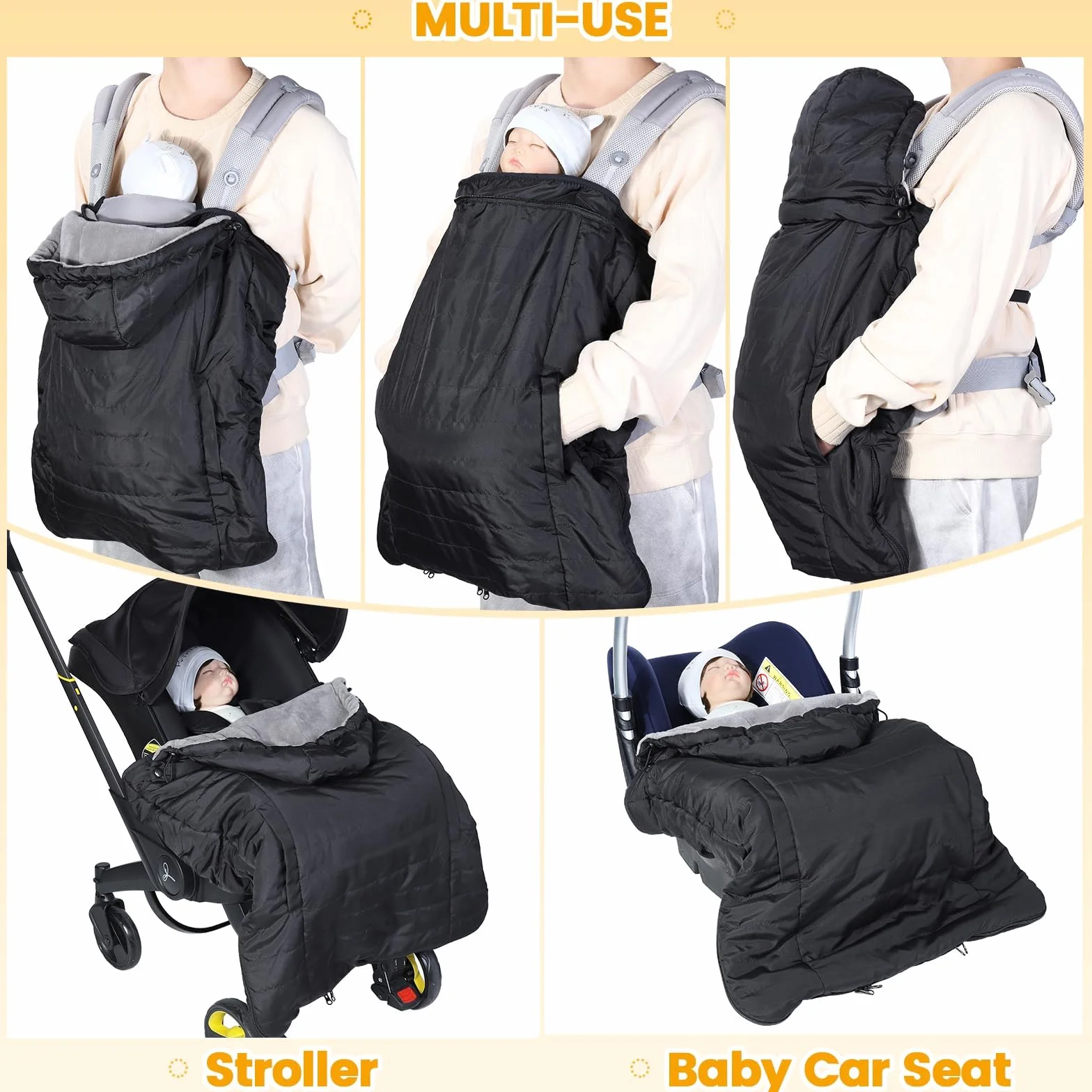 Orzbow Regenschutz Babytrage, Tragecover Babytrage Winter mit Abnehmbares Oberteil, Universal Wintercover Babytrage mit Korallenvlies-Futter, Vordertasche, Reißverschluss Unten, Schwarz