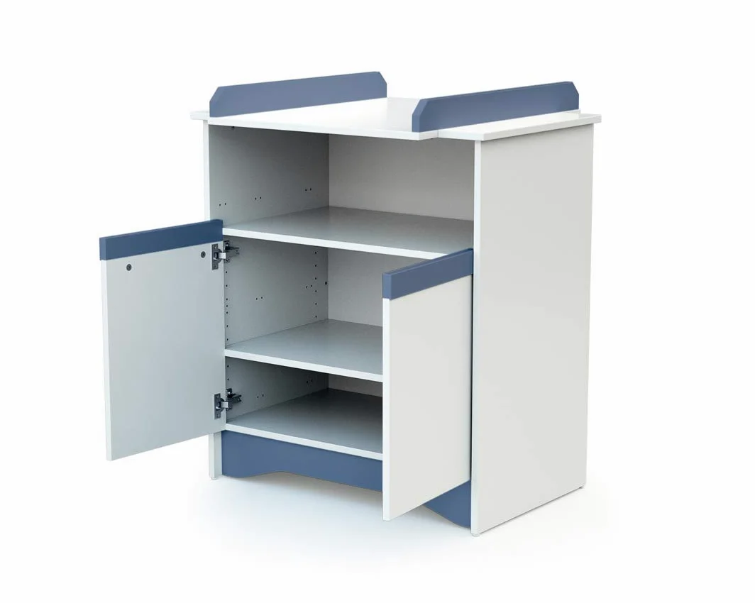 AT4 - COTILLON Wickelkommode Weiß und Blau | 2 Türen, 1 COTILLON-Nische aus Holz | Abnehmbares Wickelbrett im Lieferumfang enthalten
